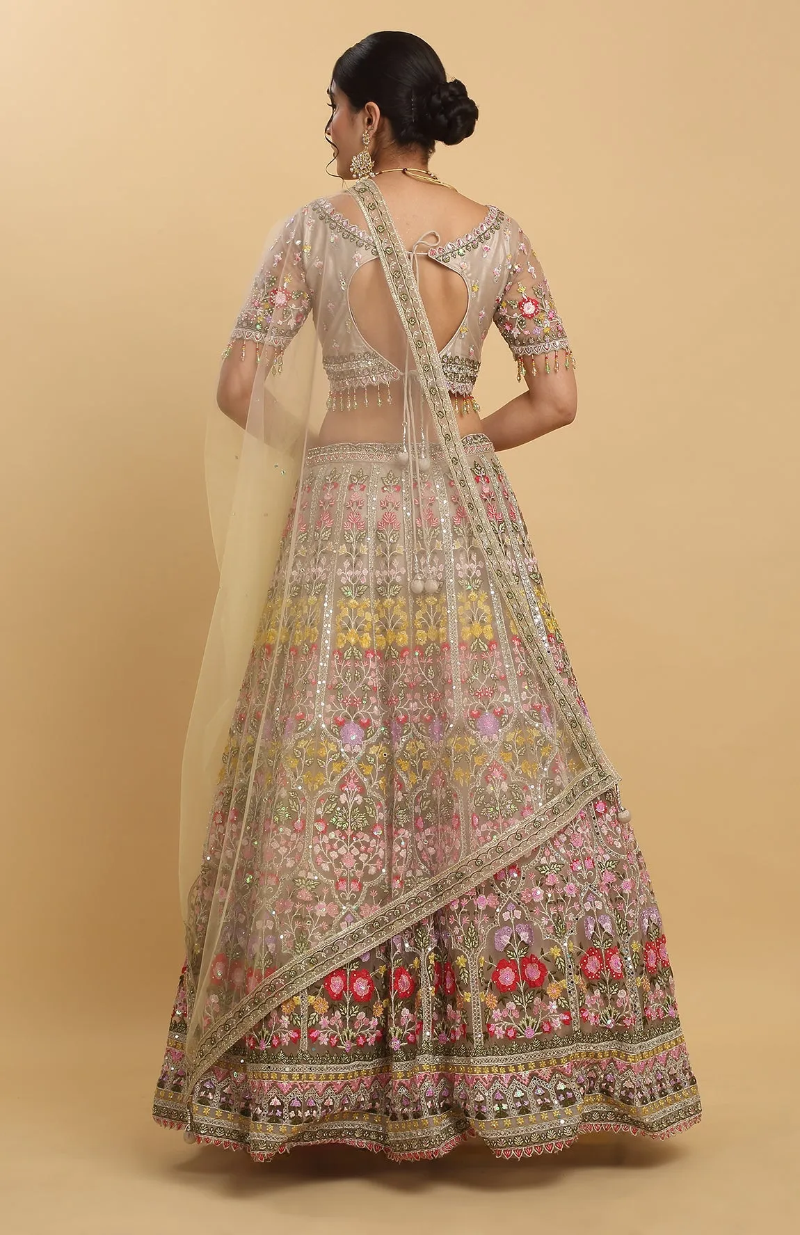 Brown Net Gulposh Embroidered Lehenga Set - Rent