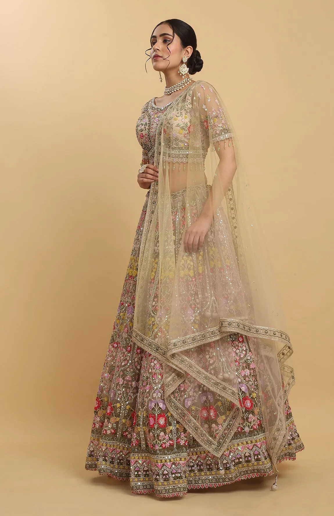 Brown Net Gulposh Embroidered Lehenga Set - Rent