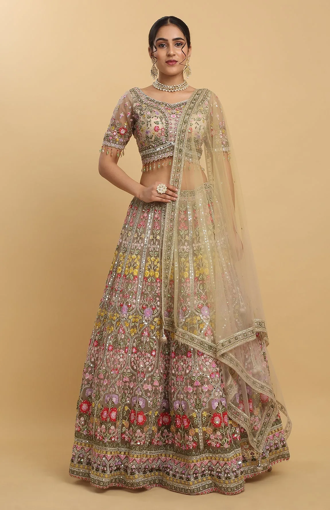 Brown Net Gulposh Embroidered Lehenga Set - Rent