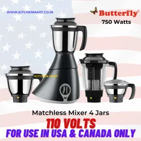 Butterfly Matchless Mixer Grinder, 750W, 4 Jars (120 Volts, For use in USA & Canada Only)