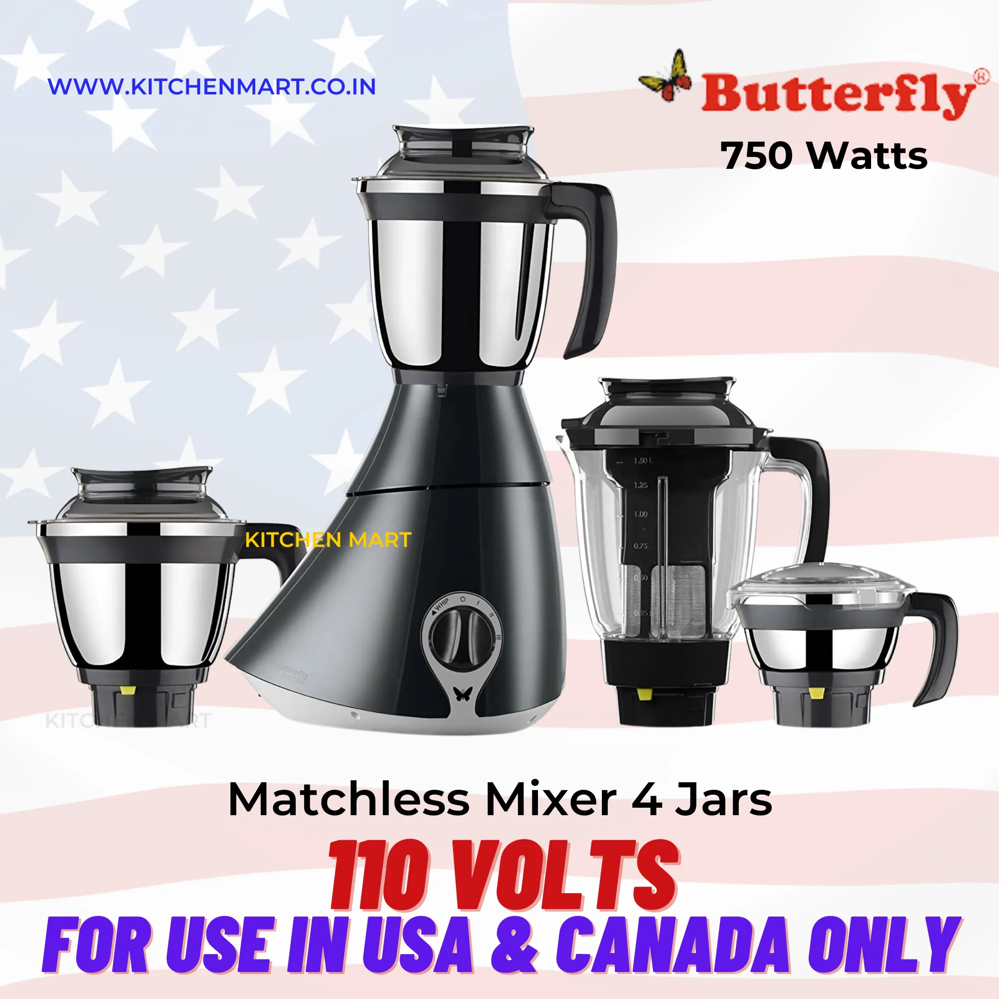 Butterfly Matchless Mixer Grinder, 750W, 4 Jars (120 Volts, For use in USA & Canada Only)