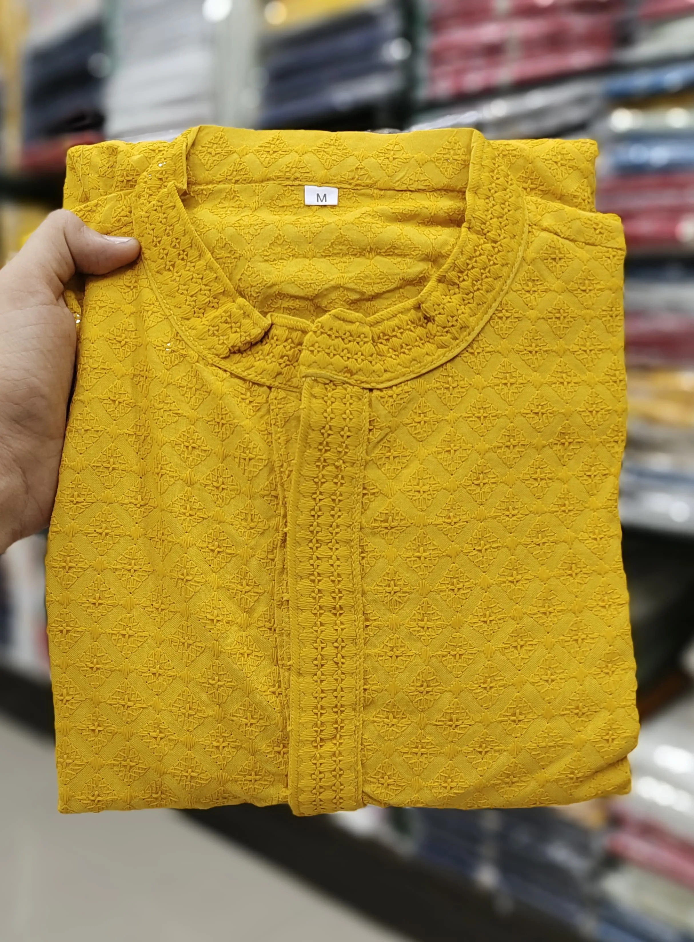 Cotton Chikankari Wedding Men's Kurta Payjama Yellow