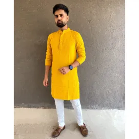 Cotton Chikankari Wedding Men's Kurta Payjama Yellow