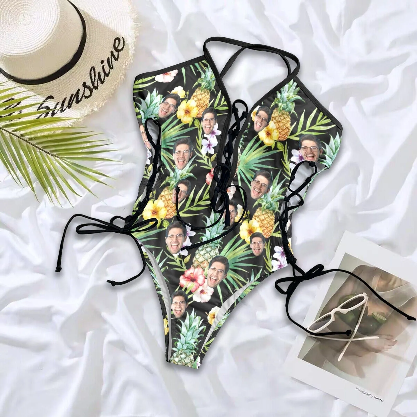 Custom Face Pineapple&Flower Women's Chest&Sides Ties Tummy Control Lace Up One Piece Swimsuit Face Bathing Suit