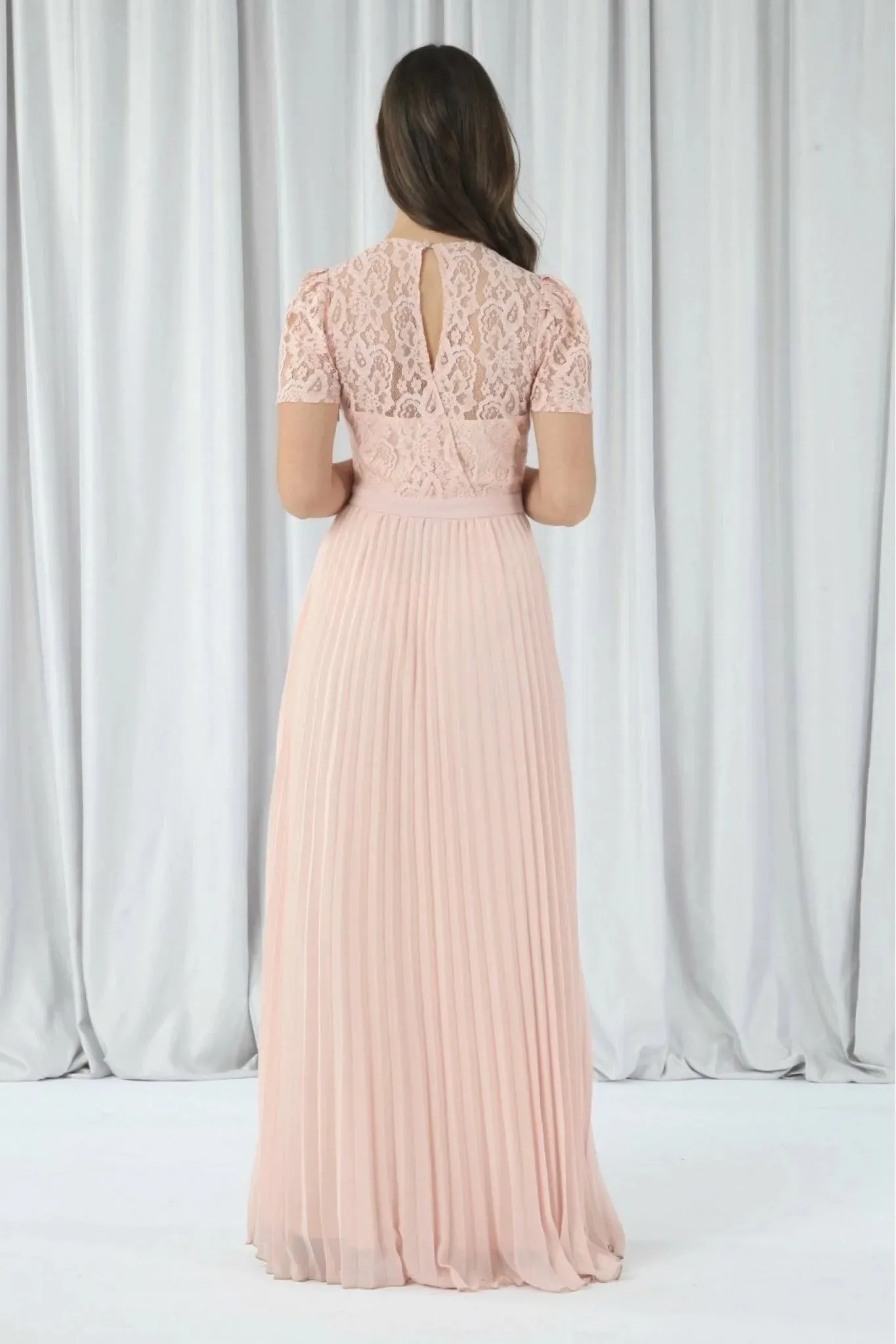 Double Second Pink Pleated Sleeve Lace Dress