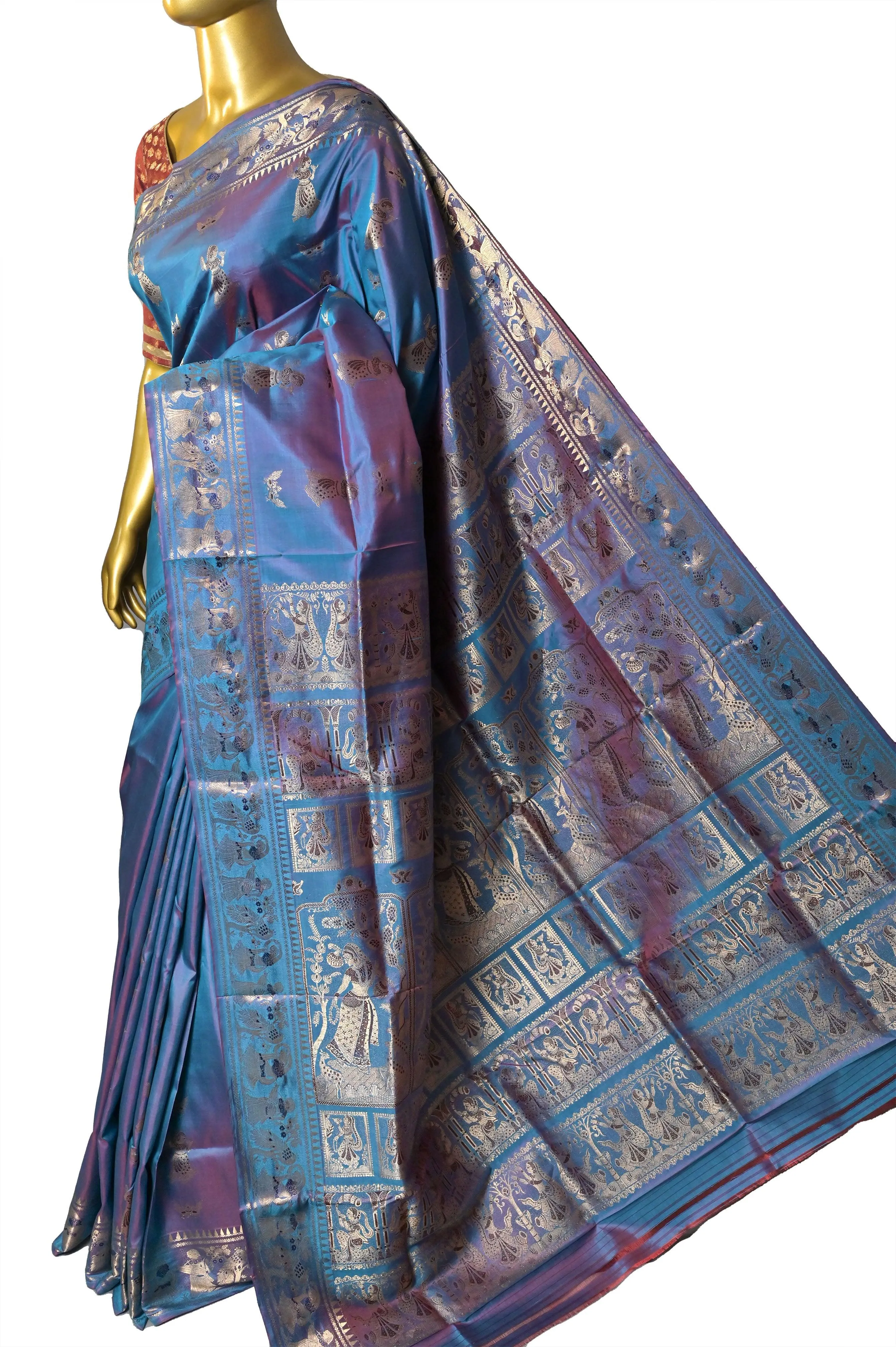 Dual Tone Firozi and Wine Color Pure Baluchari Silk Saree with Meenakari Work