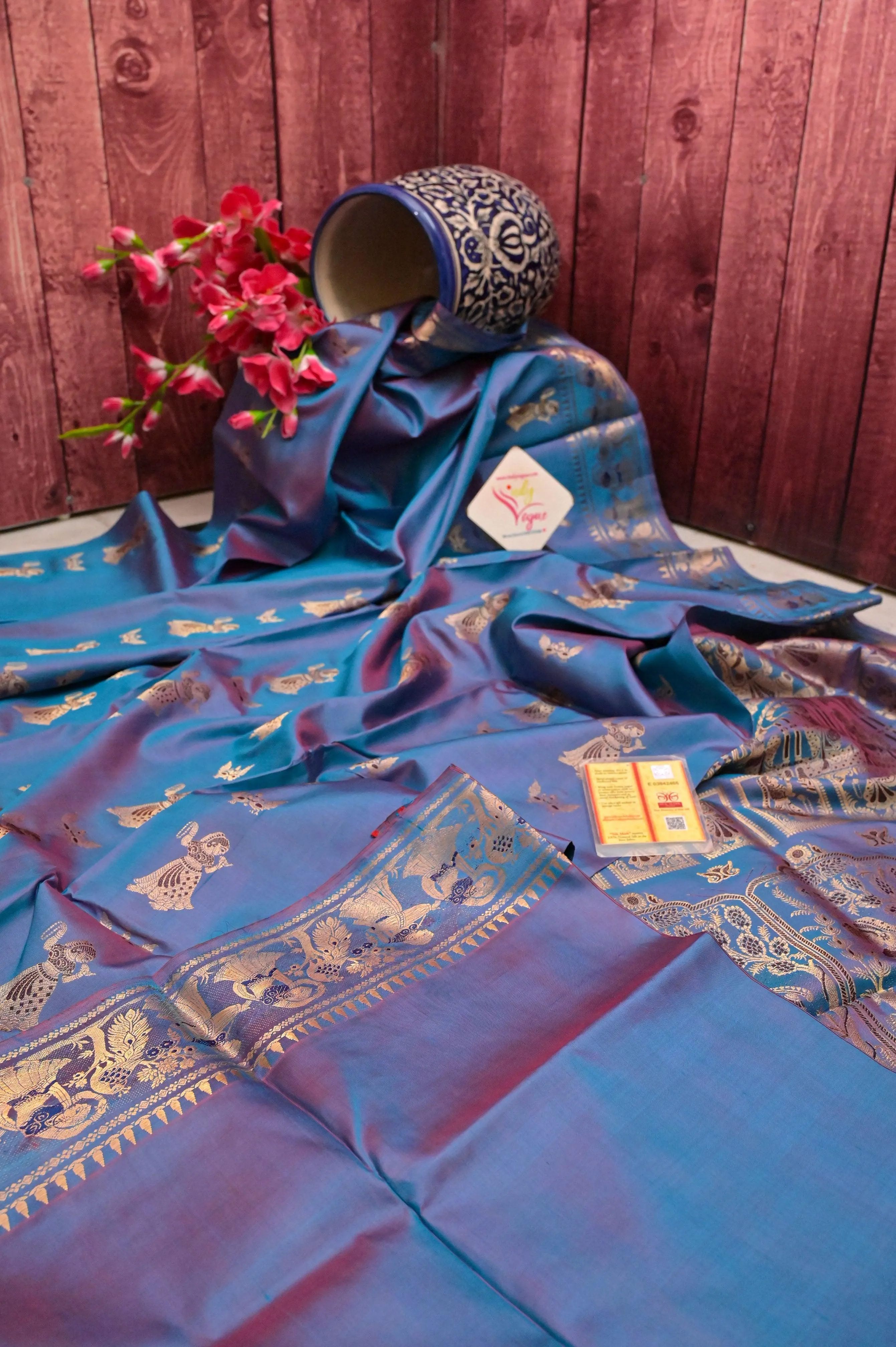 Dual Tone Firozi and Wine Color Pure Baluchari Silk Saree with Meenakari Work