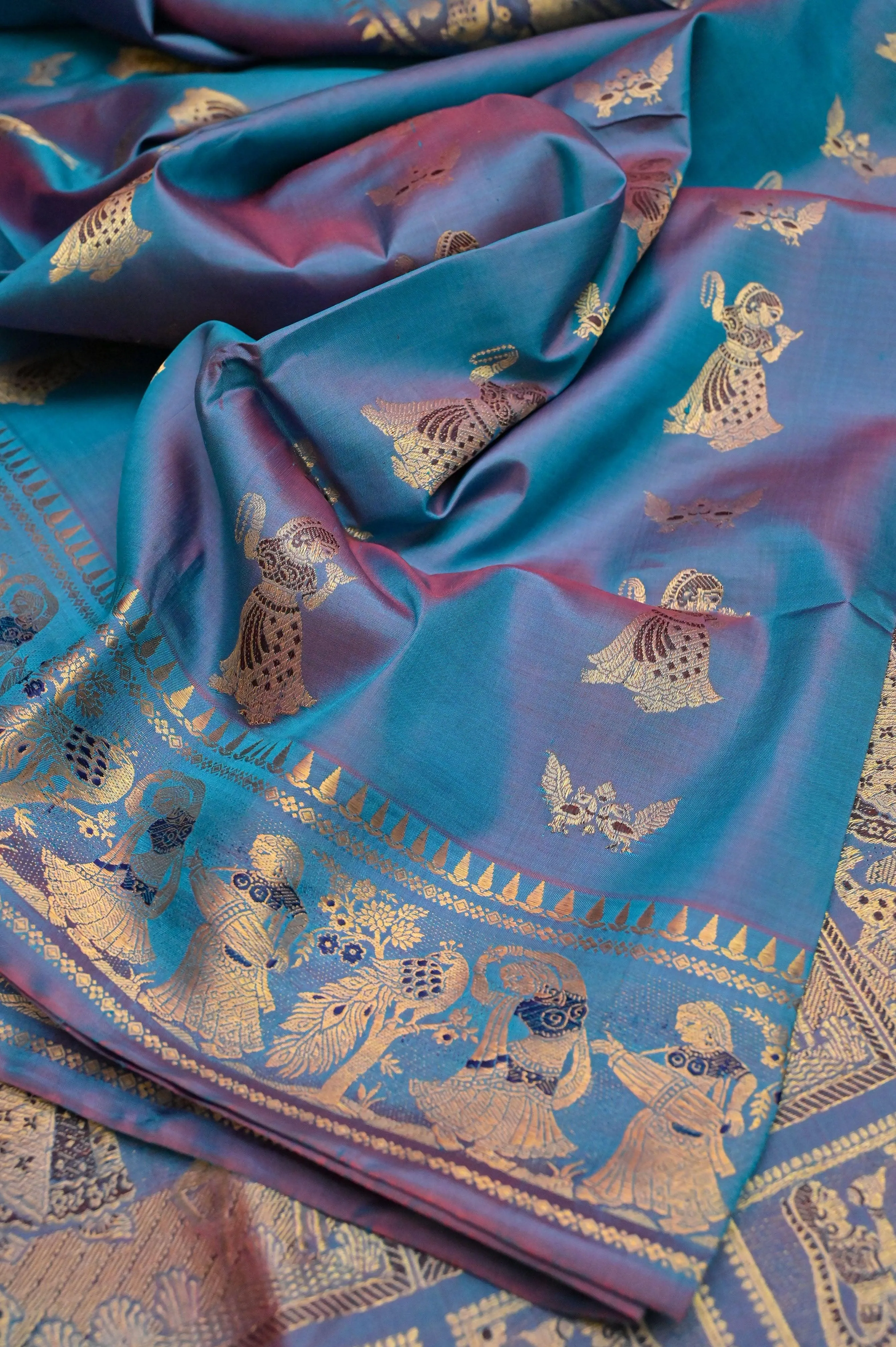 Dual Tone Firozi and Wine Color Pure Baluchari Silk Saree with Meenakari Work