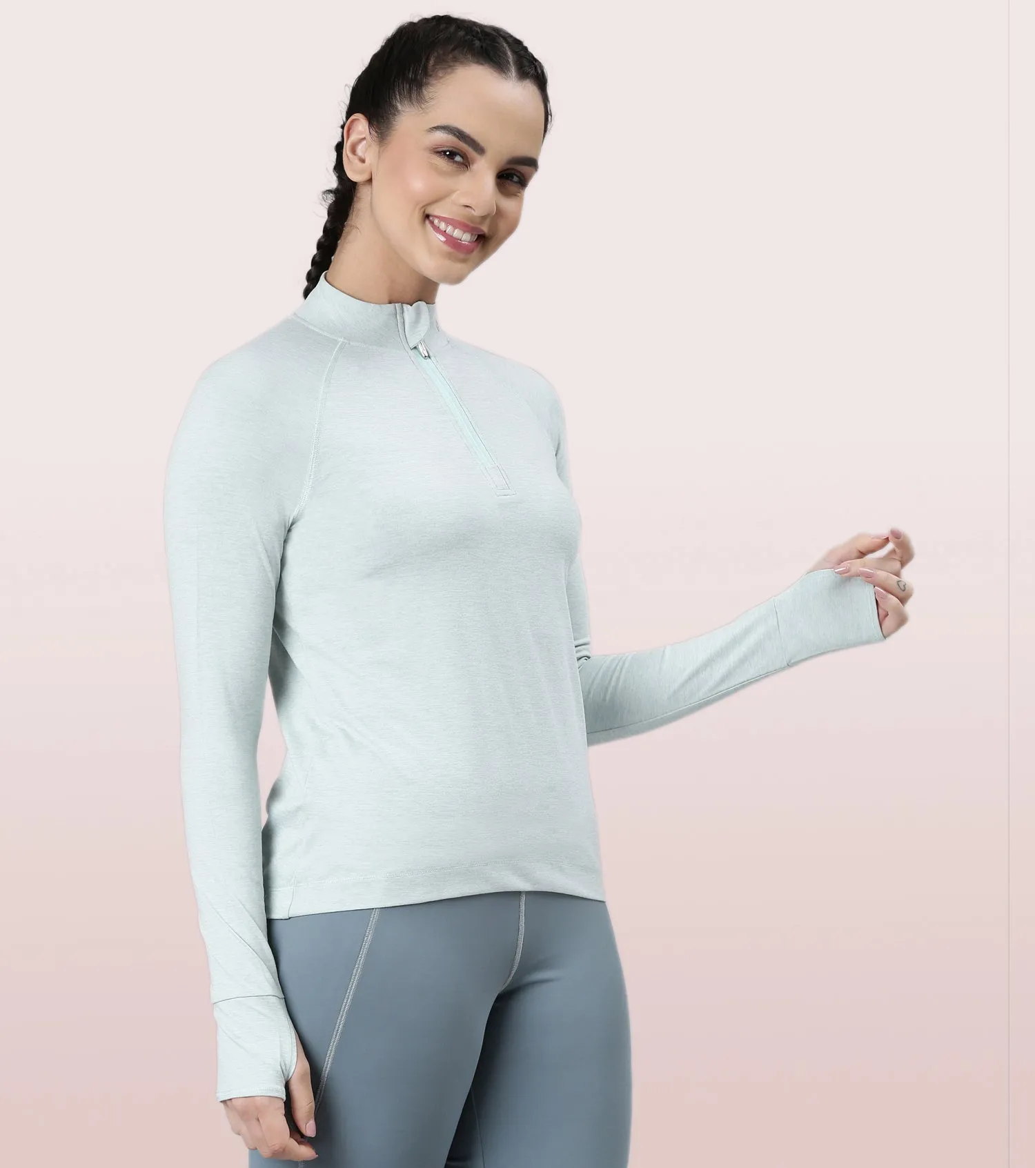 Enamor Long Sleeve Workout Tee | Slim Fit Troyer T-Shirt With Thumbhole For Women | A310