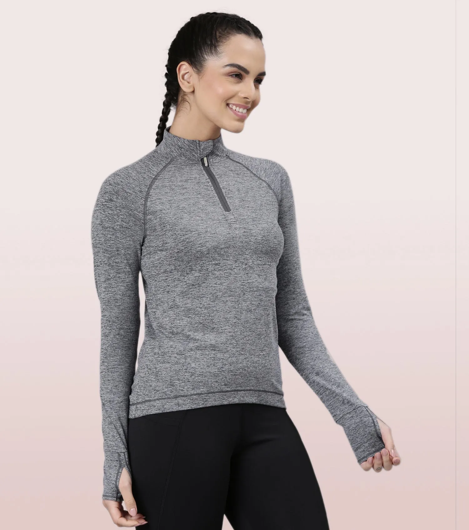 Enamor Long Sleeve Workout Tee | Slim Fit Troyer T-Shirt With Thumbhole For Women | A310