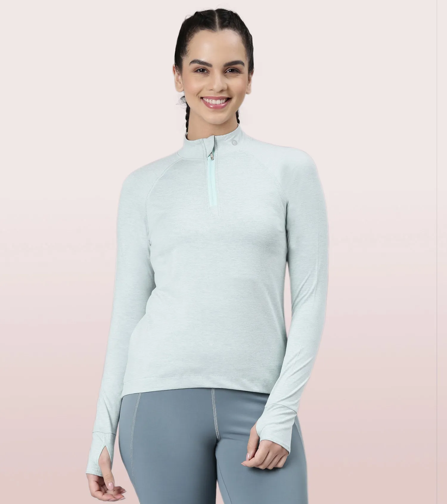 Enamor Long Sleeve Workout Tee | Slim Fit Troyer T-Shirt With Thumbhole For Women | A310