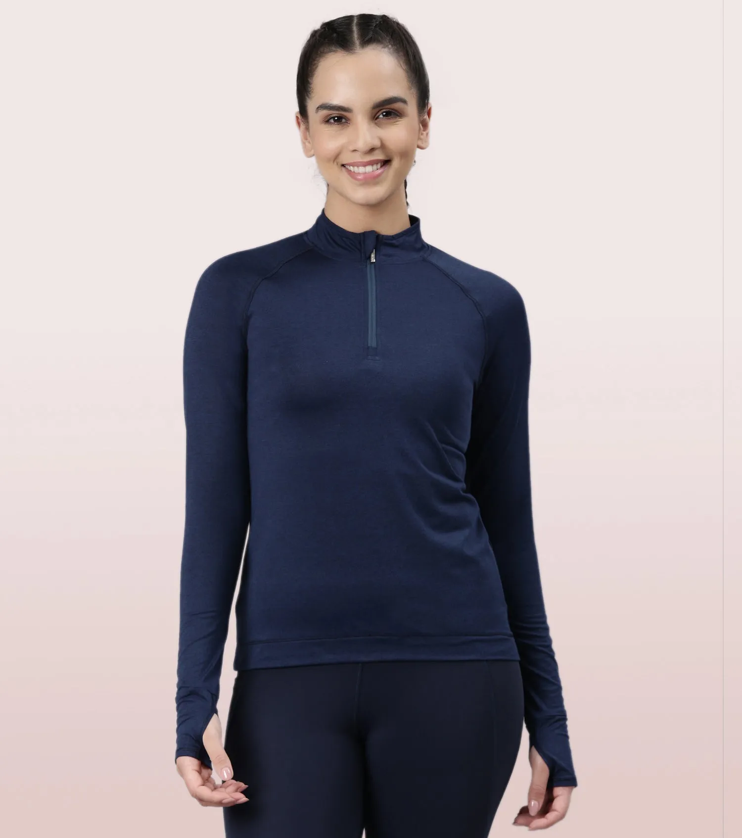 Enamor Long Sleeve Workout Tee | Slim Fit Troyer T-Shirt With Thumbhole For Women | A310