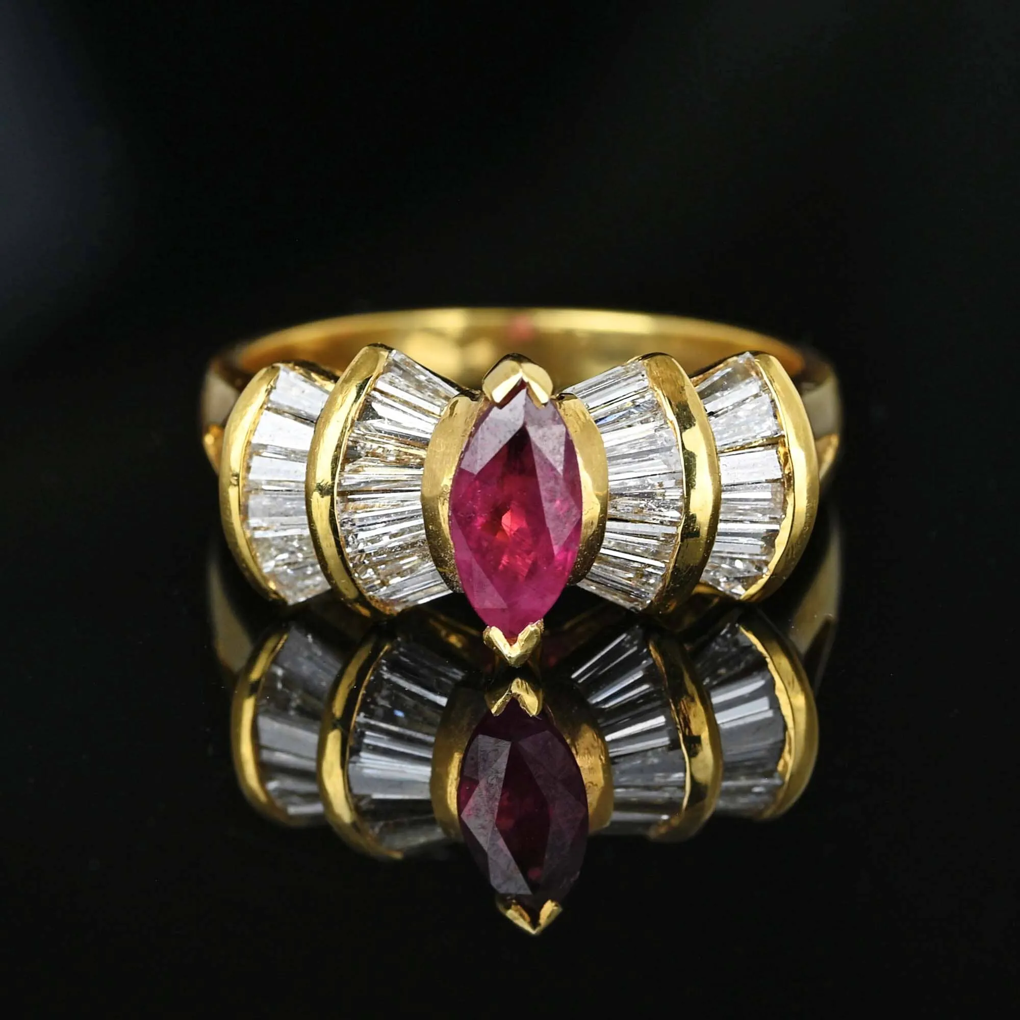 Estate 1.5 Carat Baguette Diamond Ruby Cocktail Ring in Gold