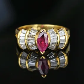 Estate 1.5 Carat Baguette Diamond Ruby Cocktail Ring in Gold