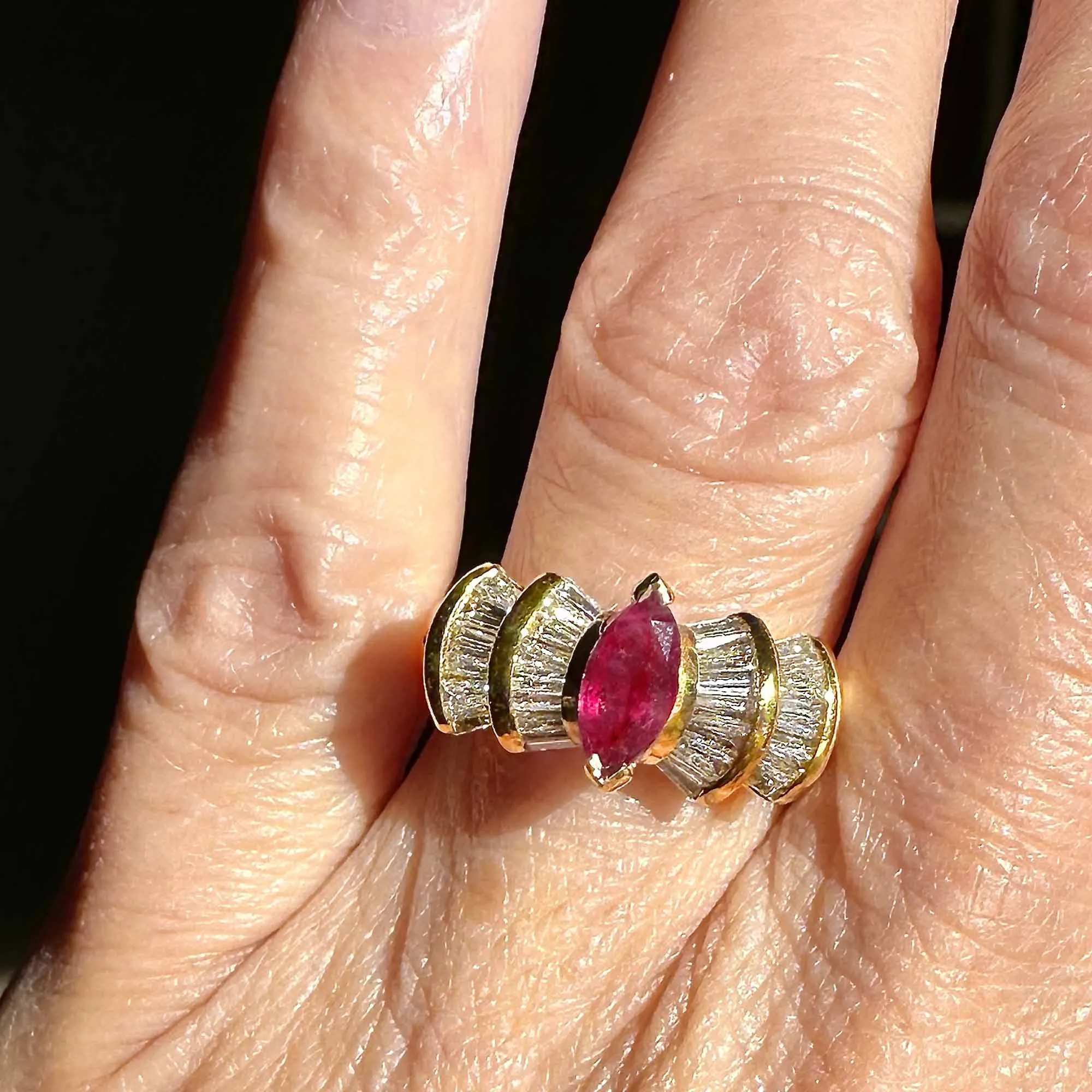 Estate 1.5 Carat Baguette Diamond Ruby Cocktail Ring in Gold