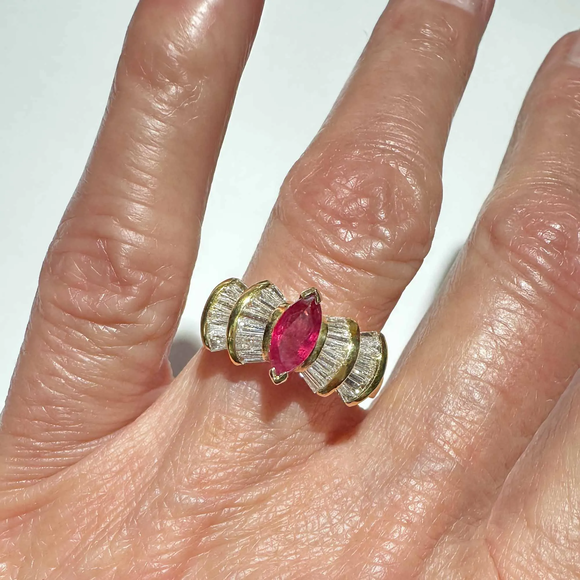 Estate 1.5 Carat Baguette Diamond Ruby Cocktail Ring in Gold