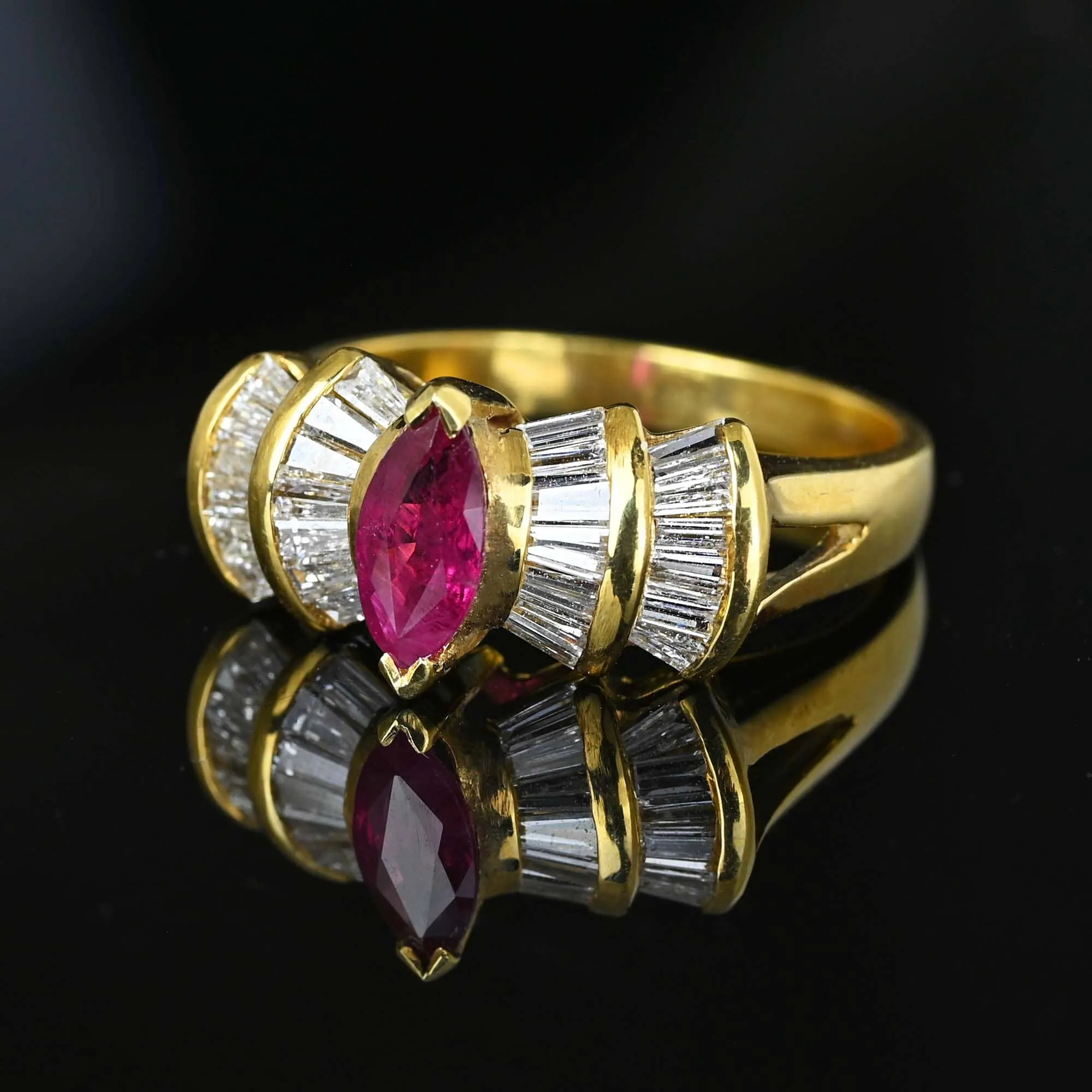 Estate 1.5 Carat Baguette Diamond Ruby Cocktail Ring in Gold