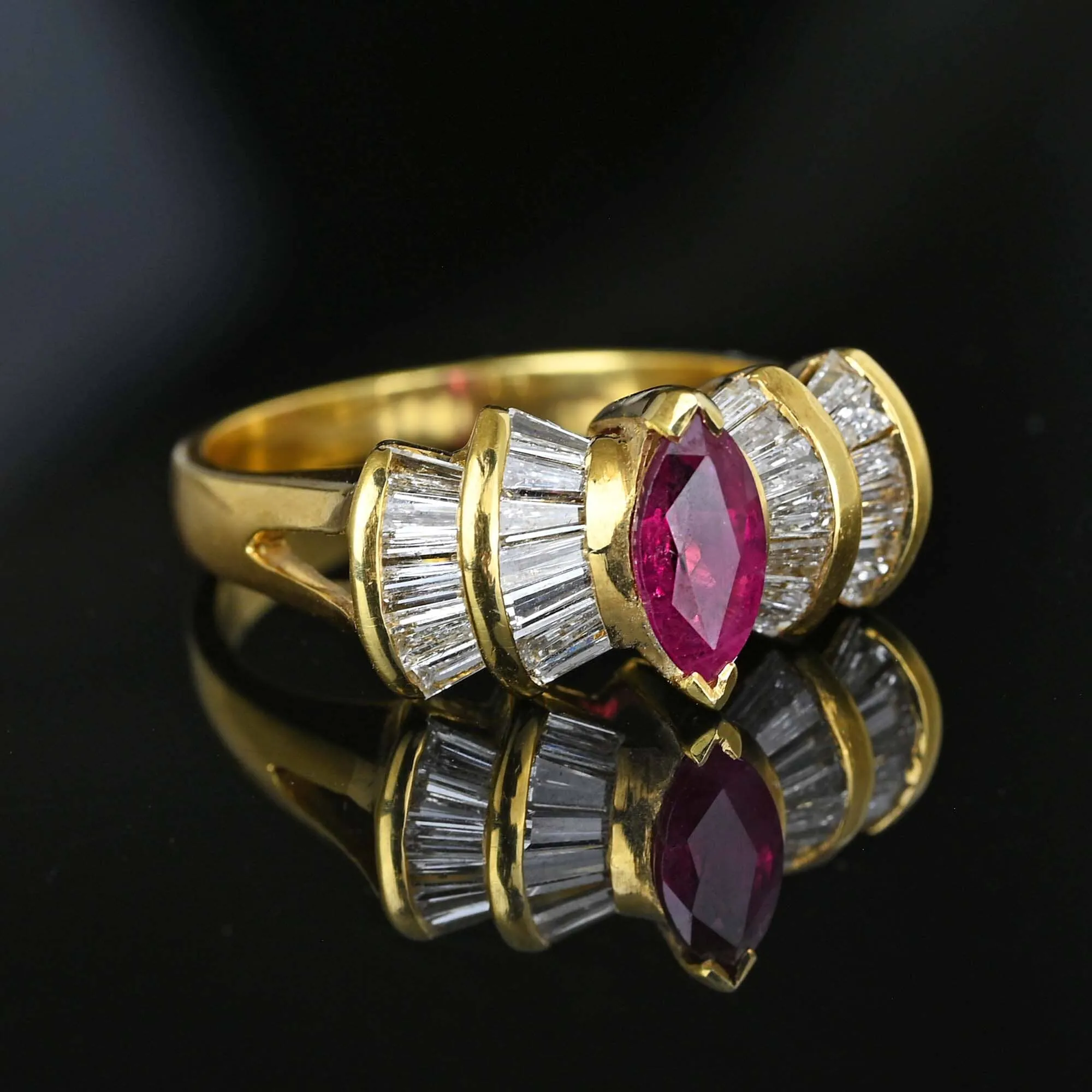 Estate 1.5 Carat Baguette Diamond Ruby Cocktail Ring in Gold