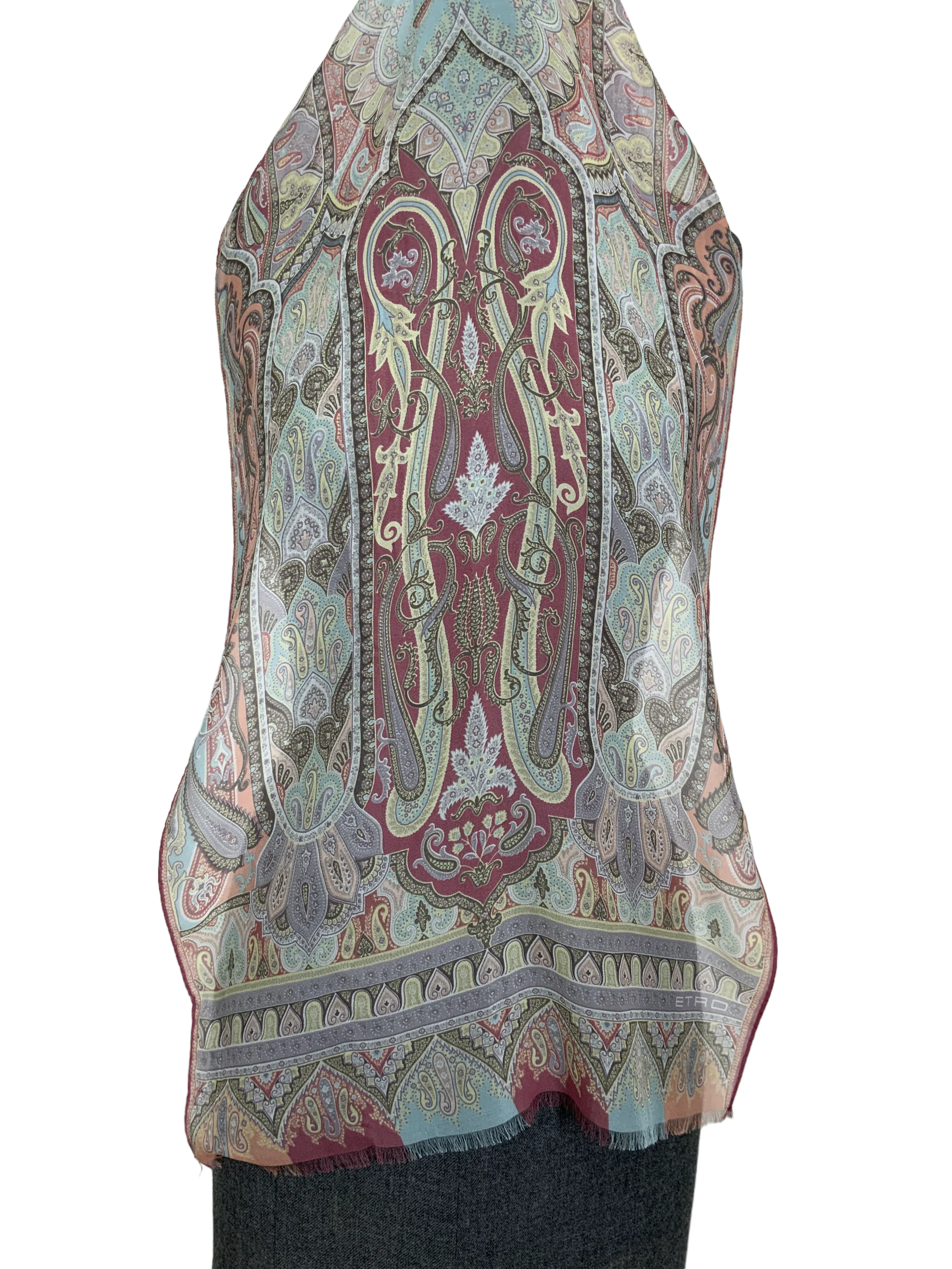 ETRO Paisley Printed Silk Chiffon Fringe Oblong Scarf