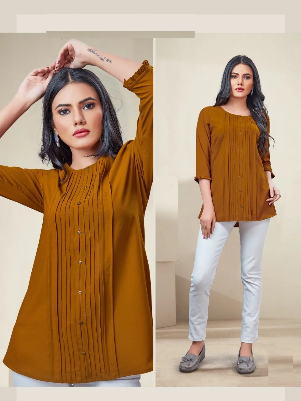 Fashionable Mustard Color Georgette and Rayon Mix Pintuck Western Top