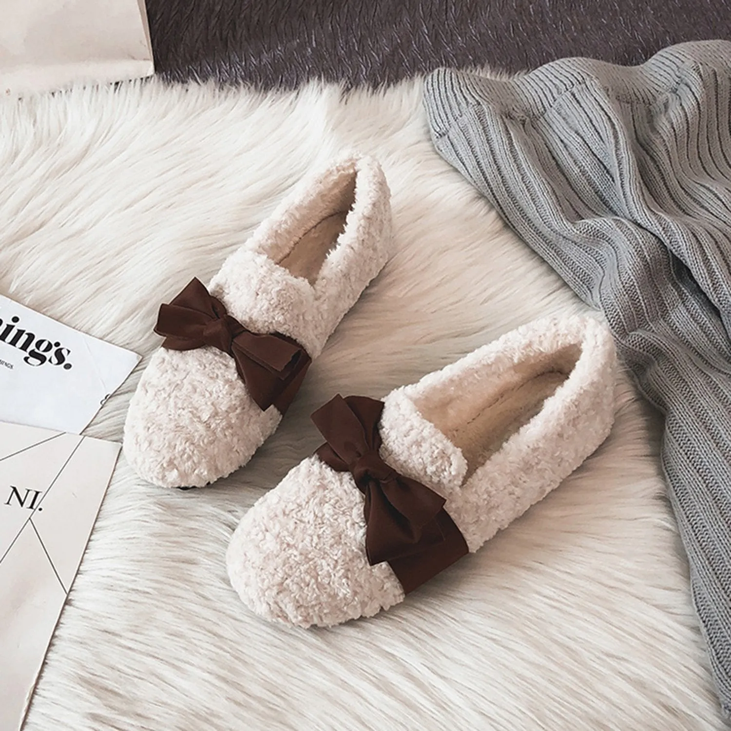 Faux Lamb Wool Comfy Warm Bow Loafers