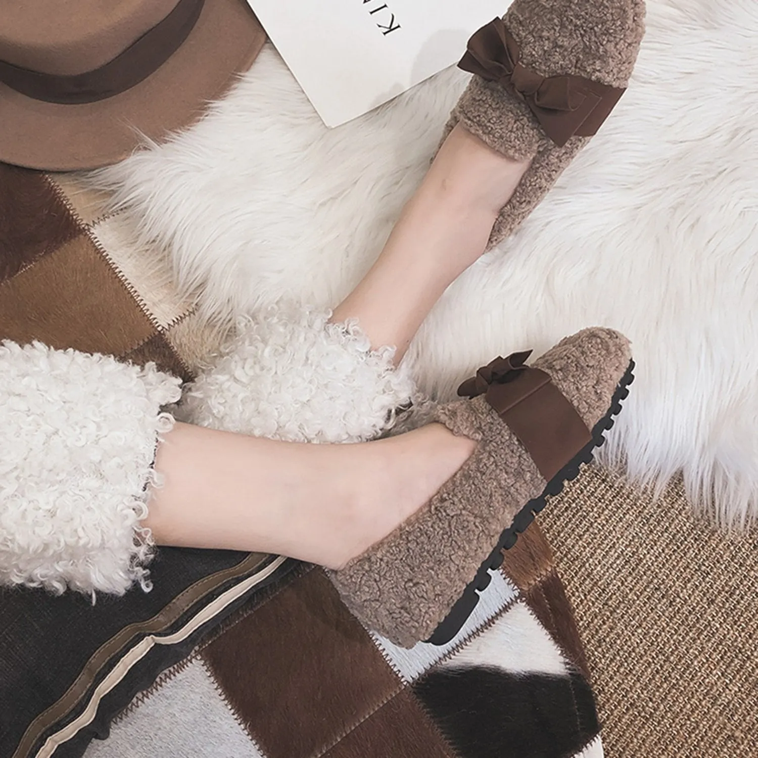 Faux Lamb Wool Comfy Warm Bow Loafers