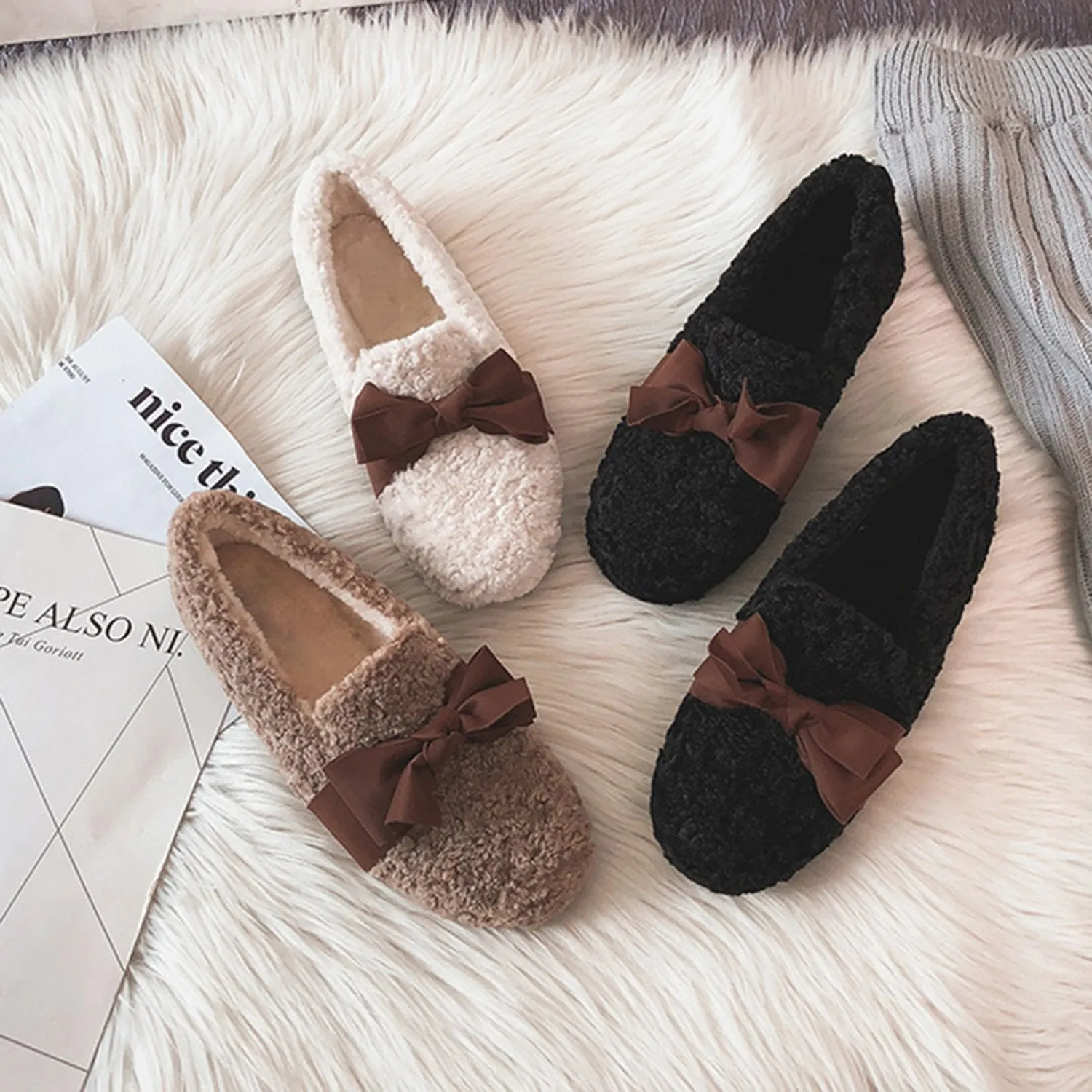 Faux Lamb Wool Comfy Warm Bow Loafers