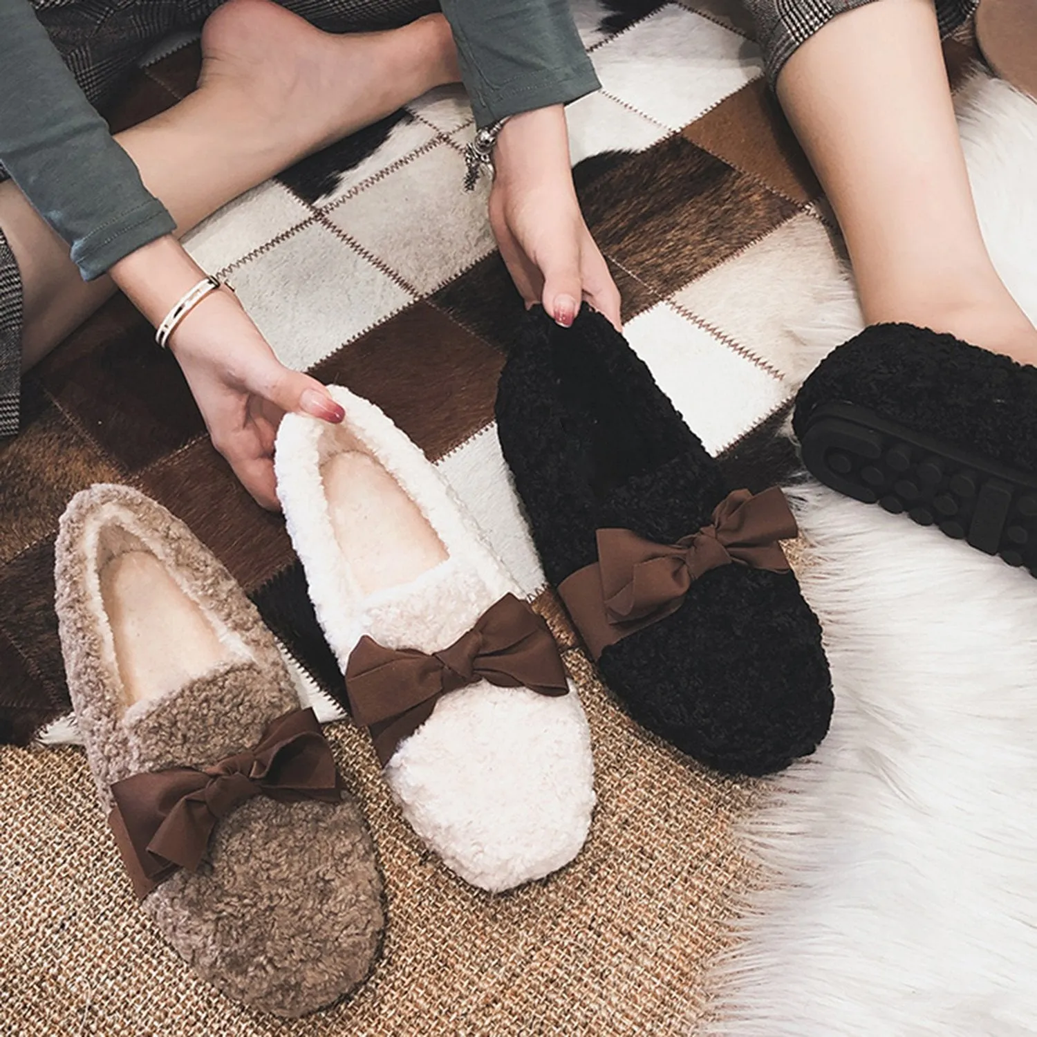 Faux Lamb Wool Comfy Warm Bow Loafers