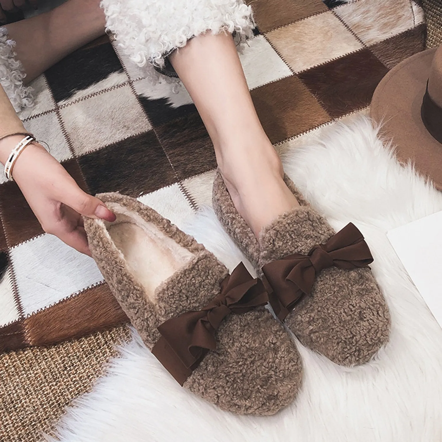 Faux Lamb Wool Comfy Warm Bow Loafers