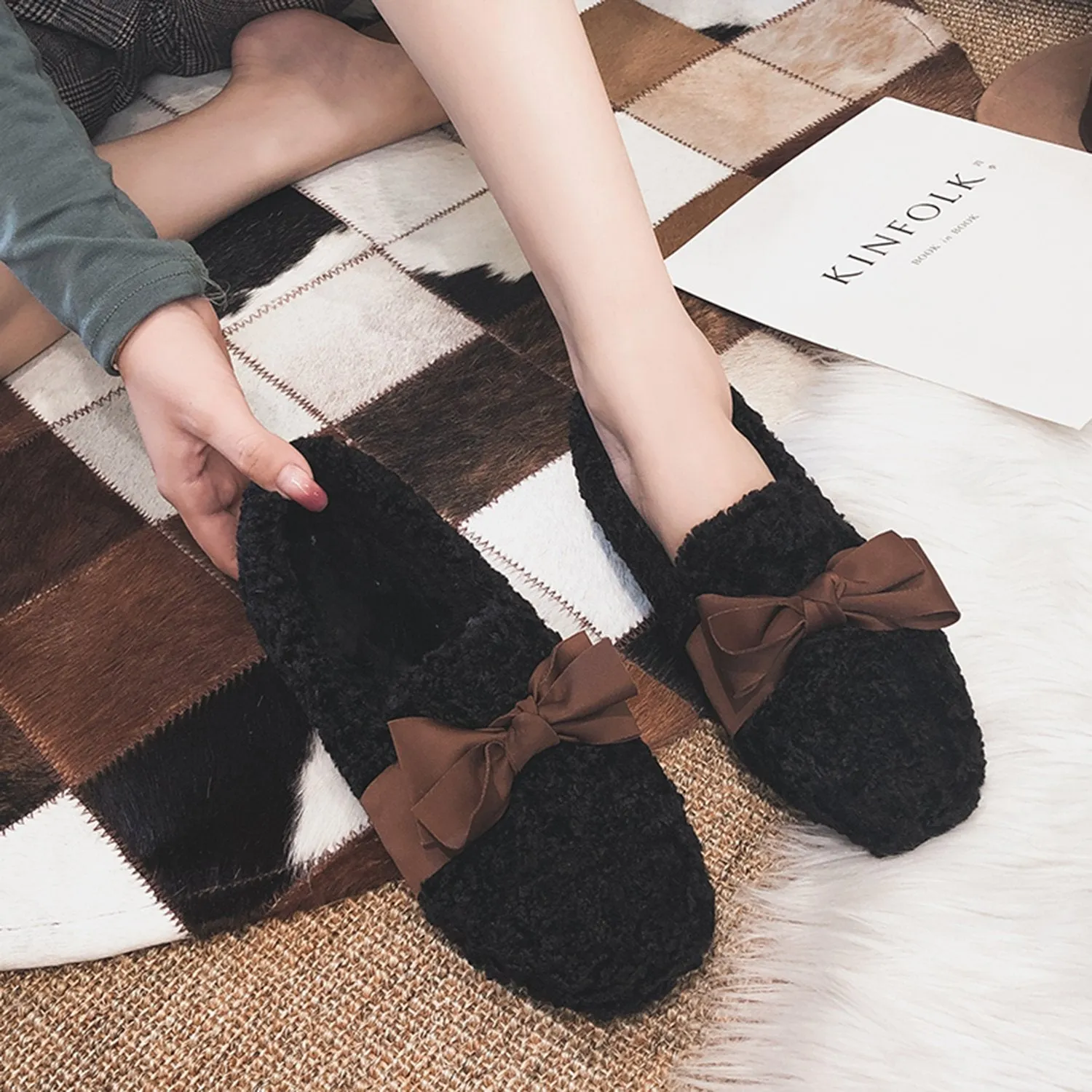 Faux Lamb Wool Comfy Warm Bow Loafers