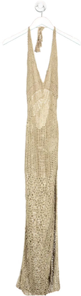 Flook The Label Beige Crochet Halter Beach Maxi Dress UK XS