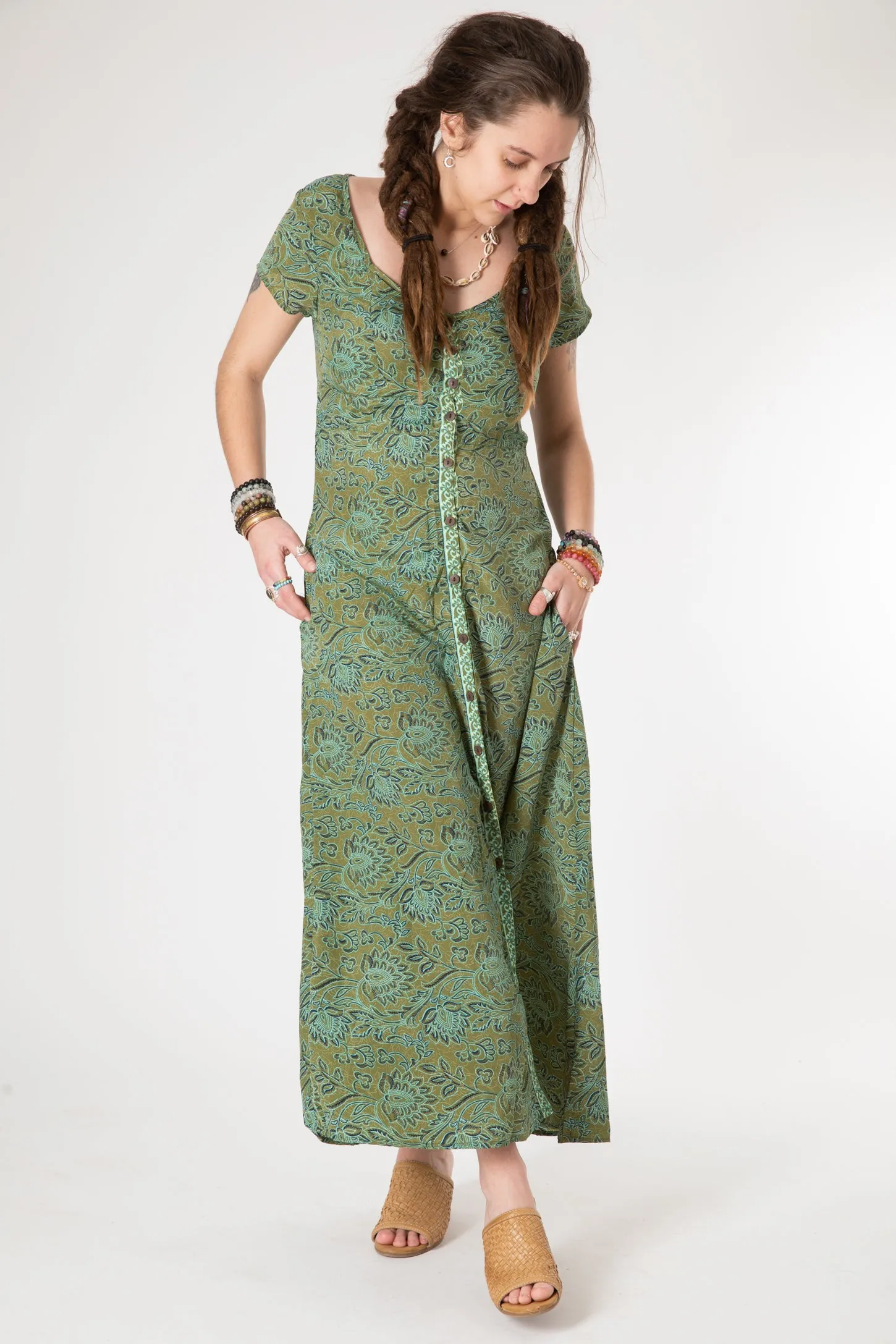 Flora Cap Sleeve Button Maxi Dress