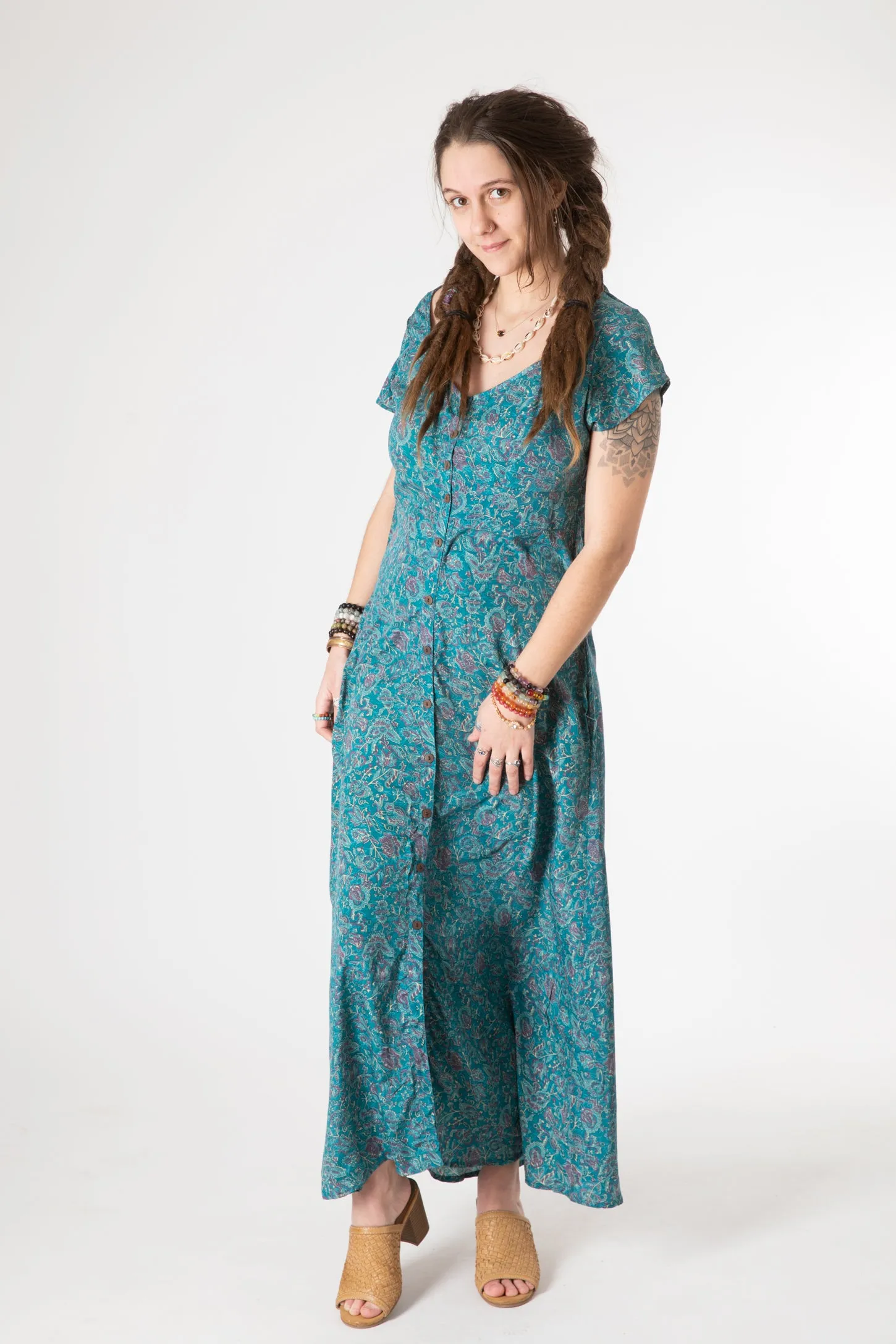 Flora Cap Sleeve Button Maxi Dress