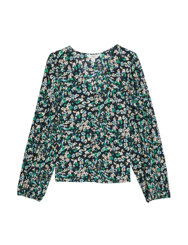 Floral V-Neck Button Detail Blouse