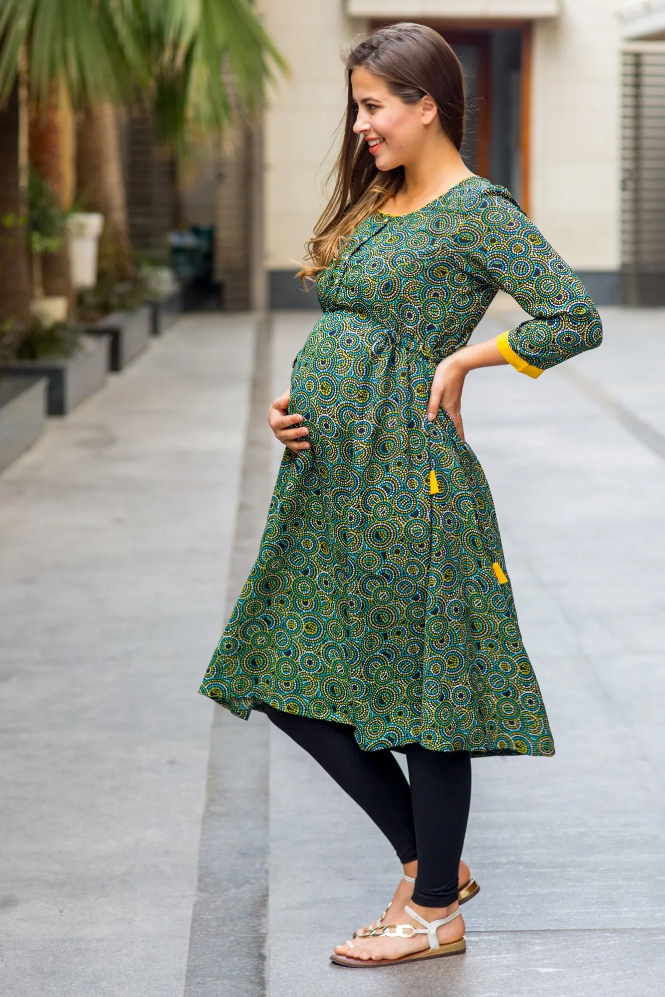 Geo Green Double Tie Maternity & Nursing Kurta Dress