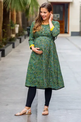 Geo Green Double Tie Maternity & Nursing Kurta Dress