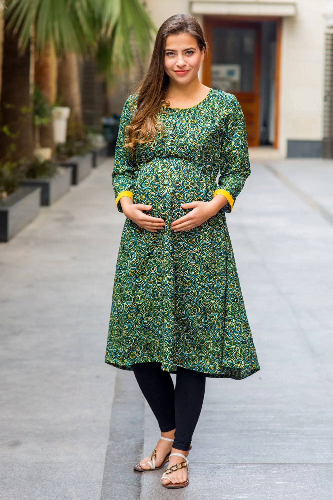 Geo Green Double Tie Maternity & Nursing Kurta Dress