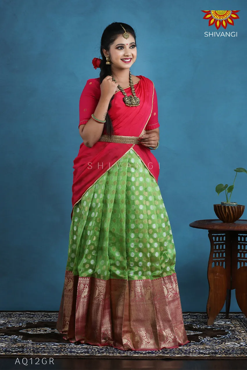 Girls Green Peacock Double Border Half Saree