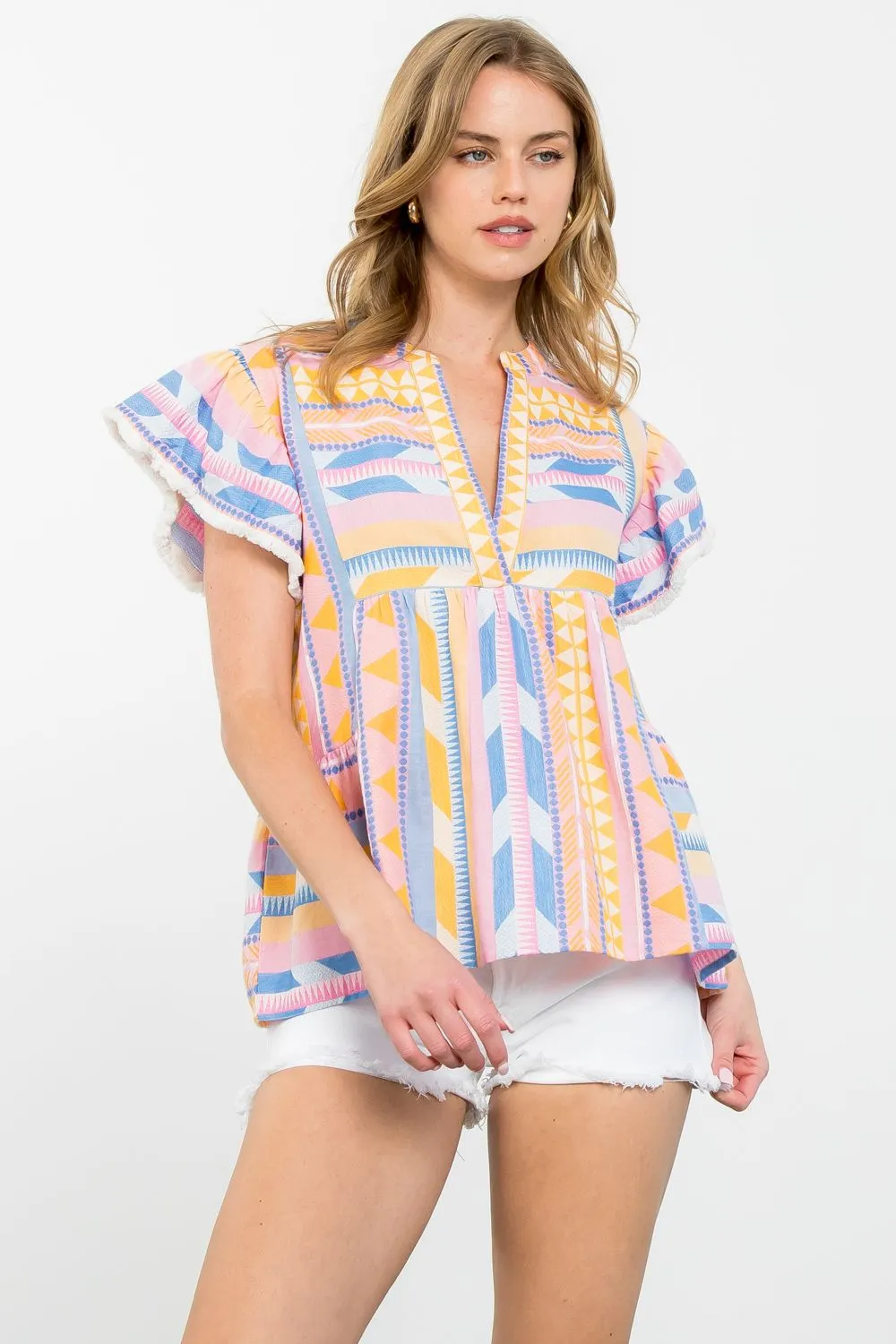 Gretchen Embroidered Pattern Flutter Sleeve THML Top