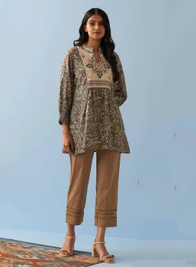 Grey Multi Color Printed Short Tunic with Yoke Embroidery