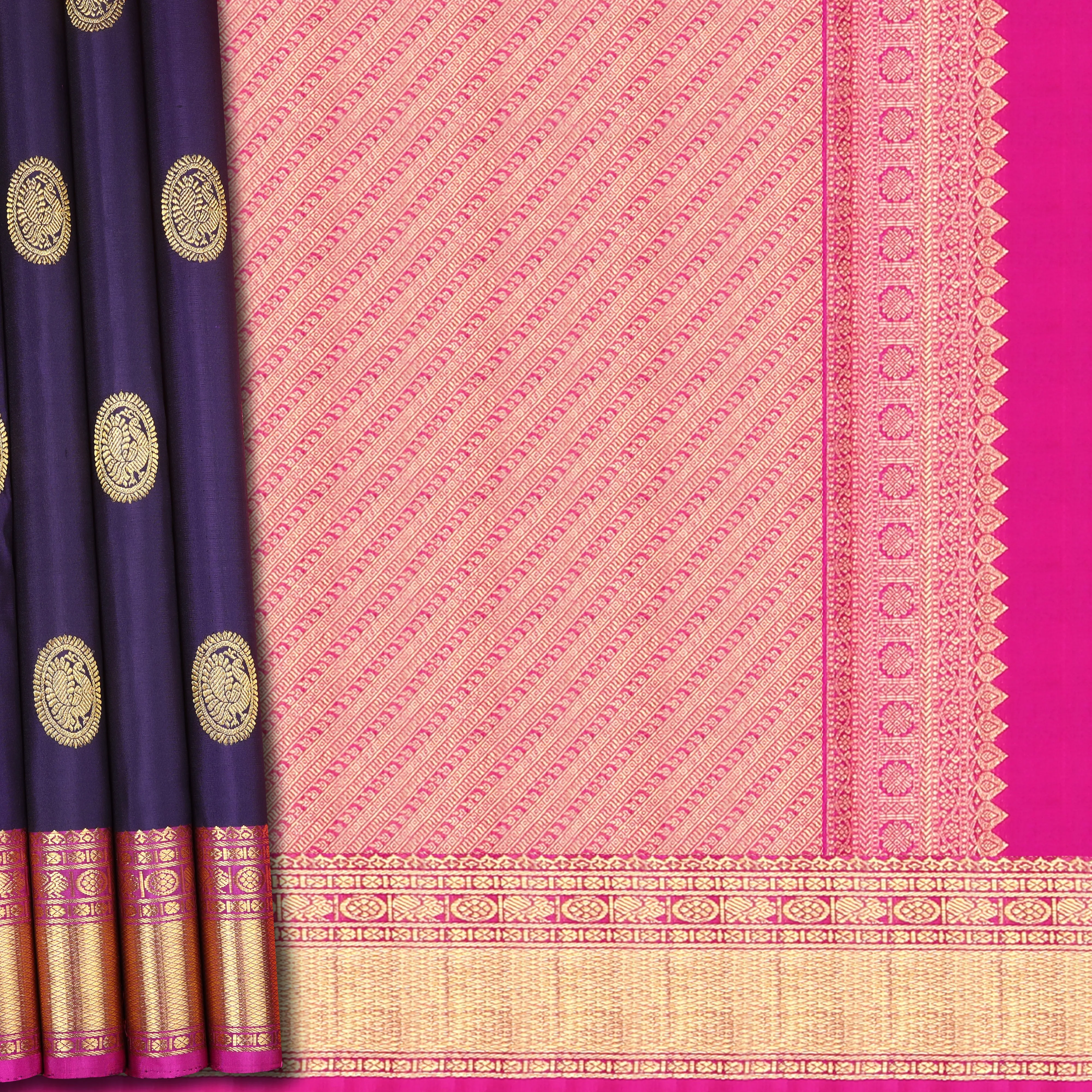 Handwoven Blue with Pink Kanjivaram Silk Saree - 583T003060DSC