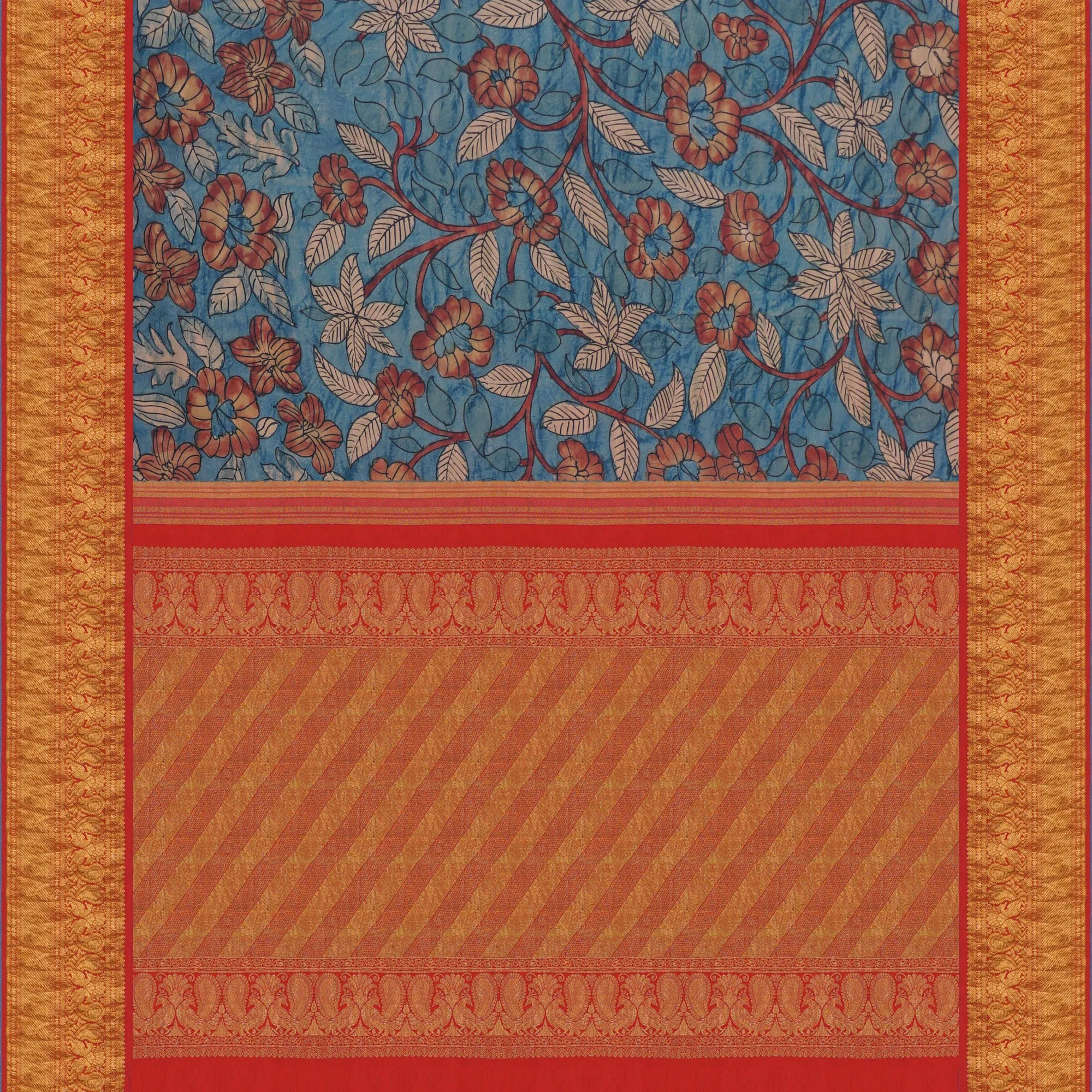 Handwoven Blue with Red Kalamkari Kanjivaram Silk Saree - 1609T005187DSC