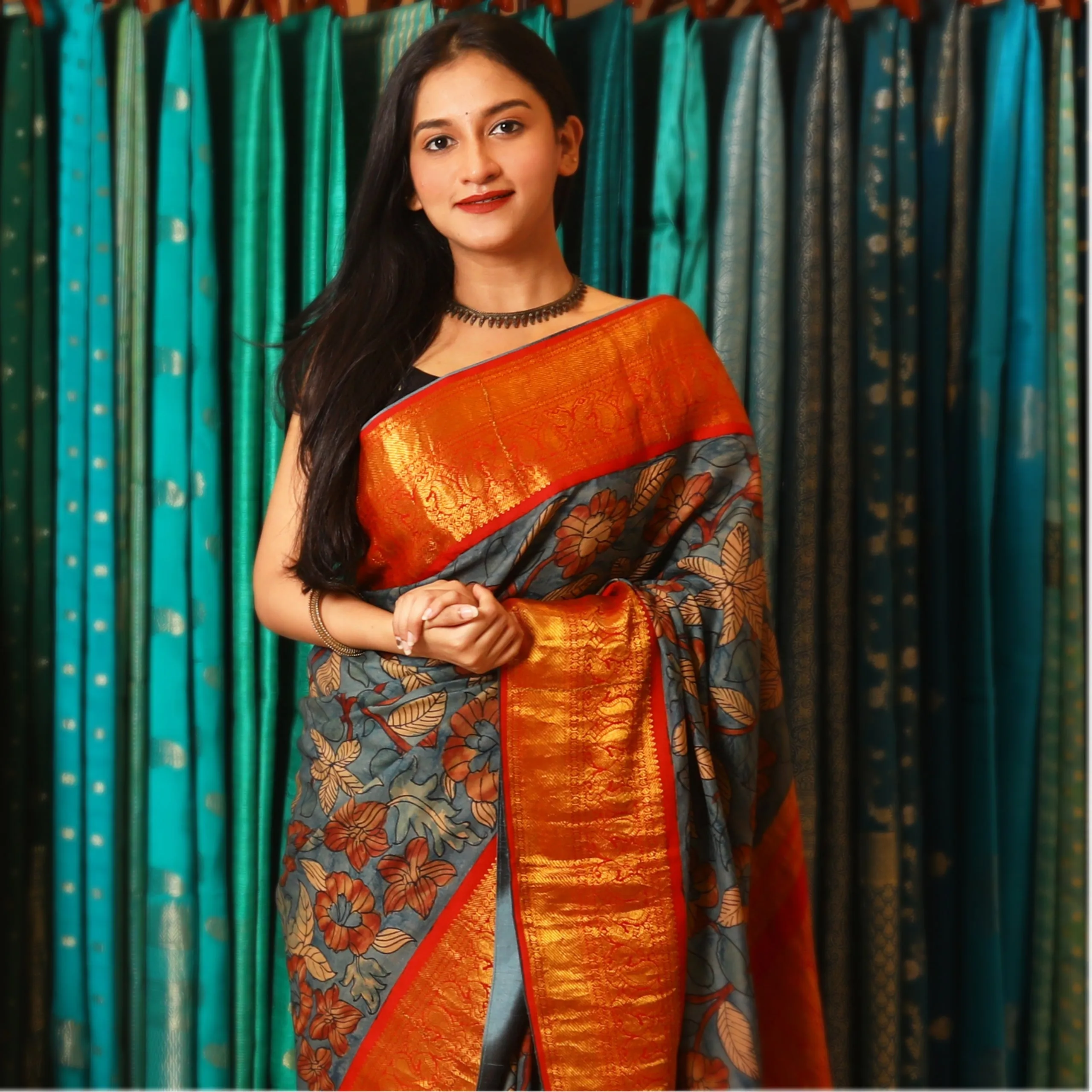 Handwoven Blue with Red Kalamkari Kanjivaram Silk Saree - 1609T005187DSC