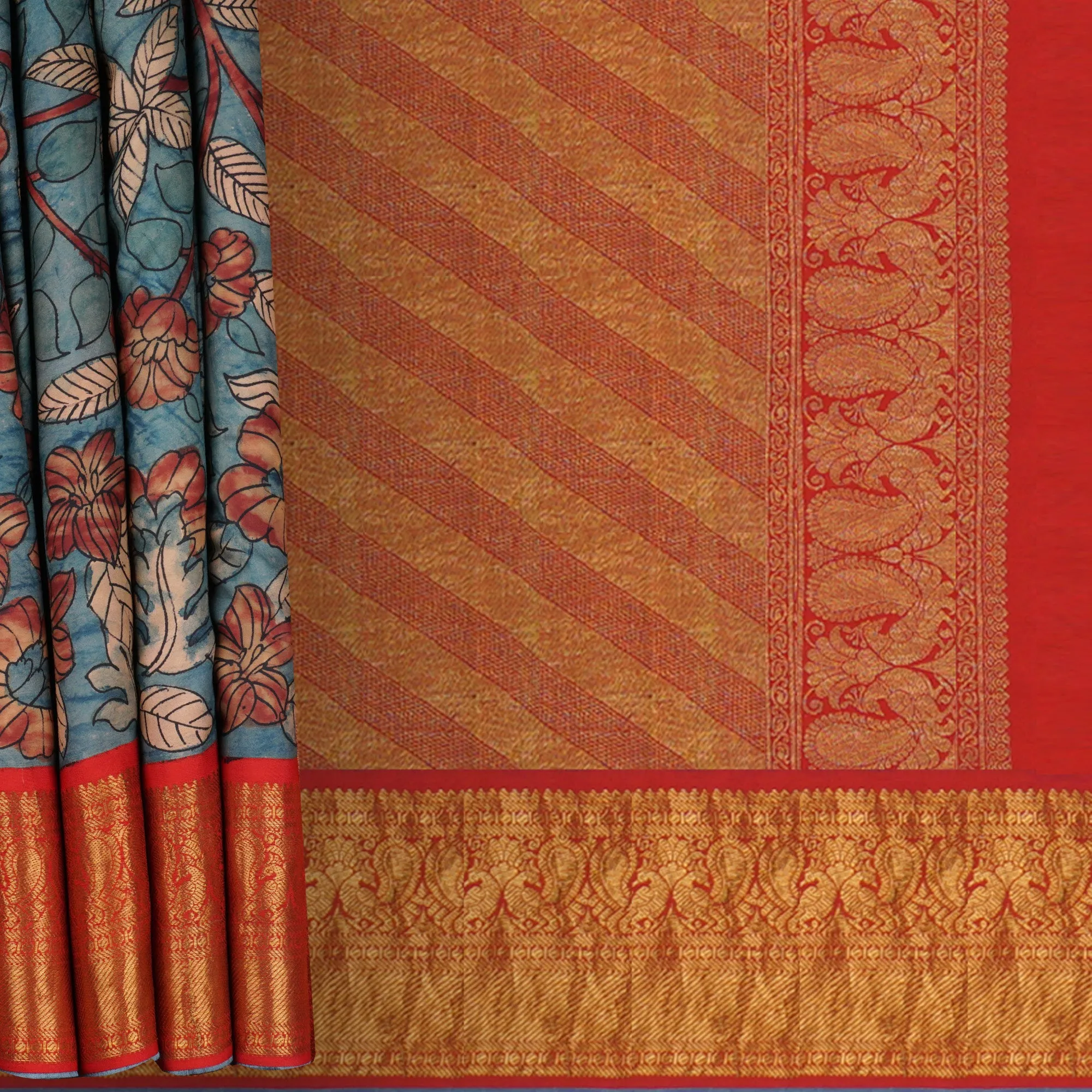 Handwoven Blue with Red Kalamkari Kanjivaram Silk Saree - 1609T005187DSC