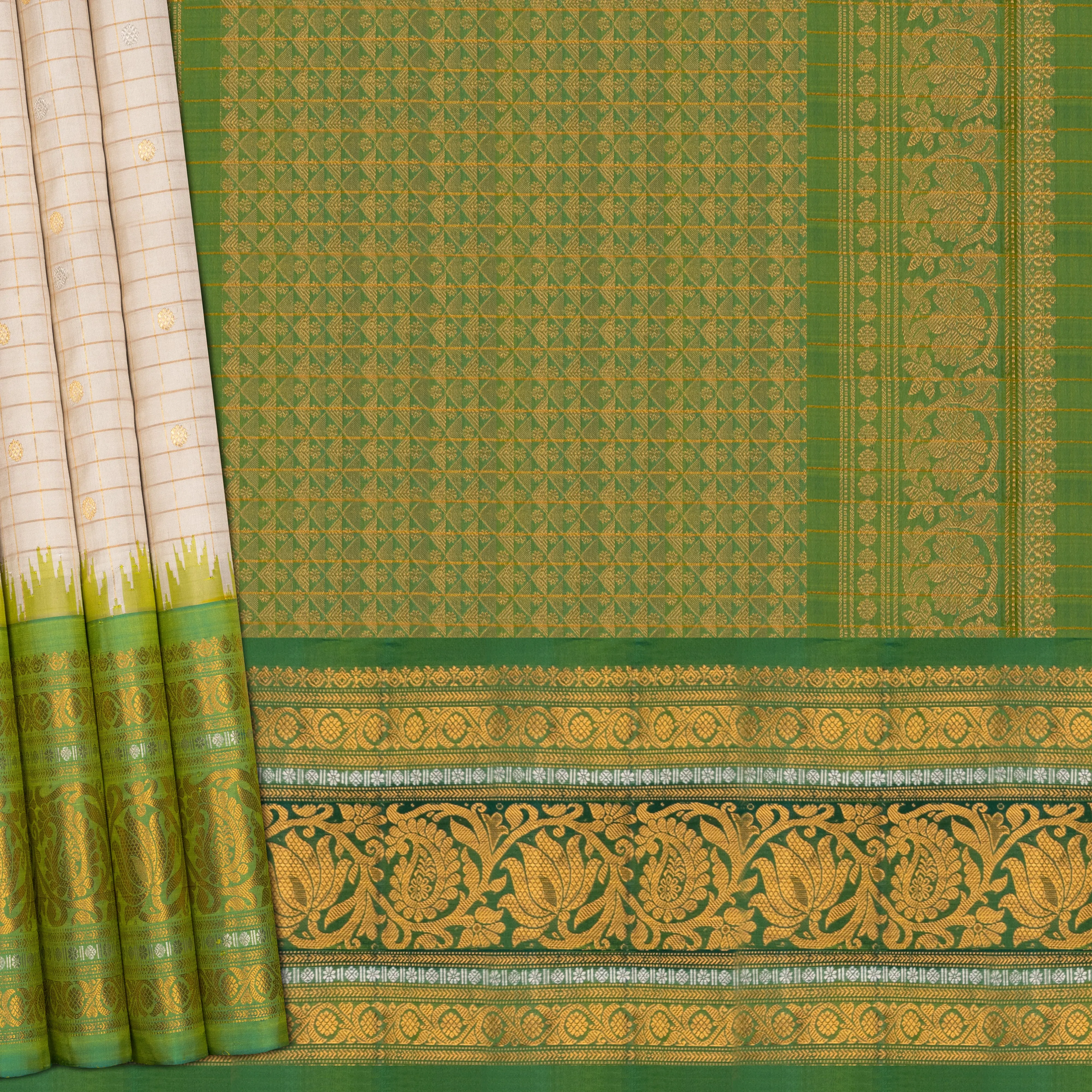 Handwoven Off-white with Green Gadwal Silk Saree - 2010T010272DSC