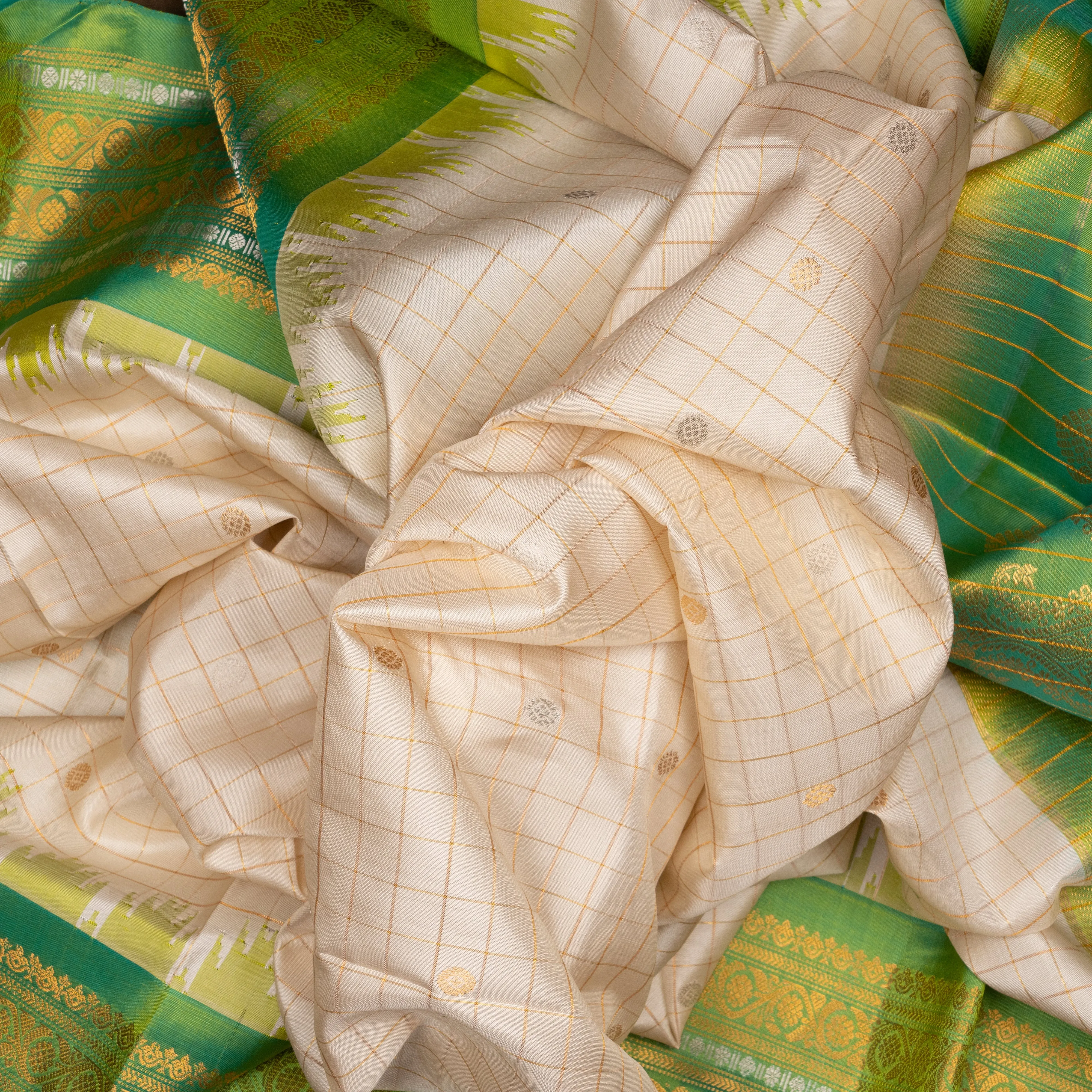 Handwoven Off-white with Green Gadwal Silk Saree - 2010T010272DSC