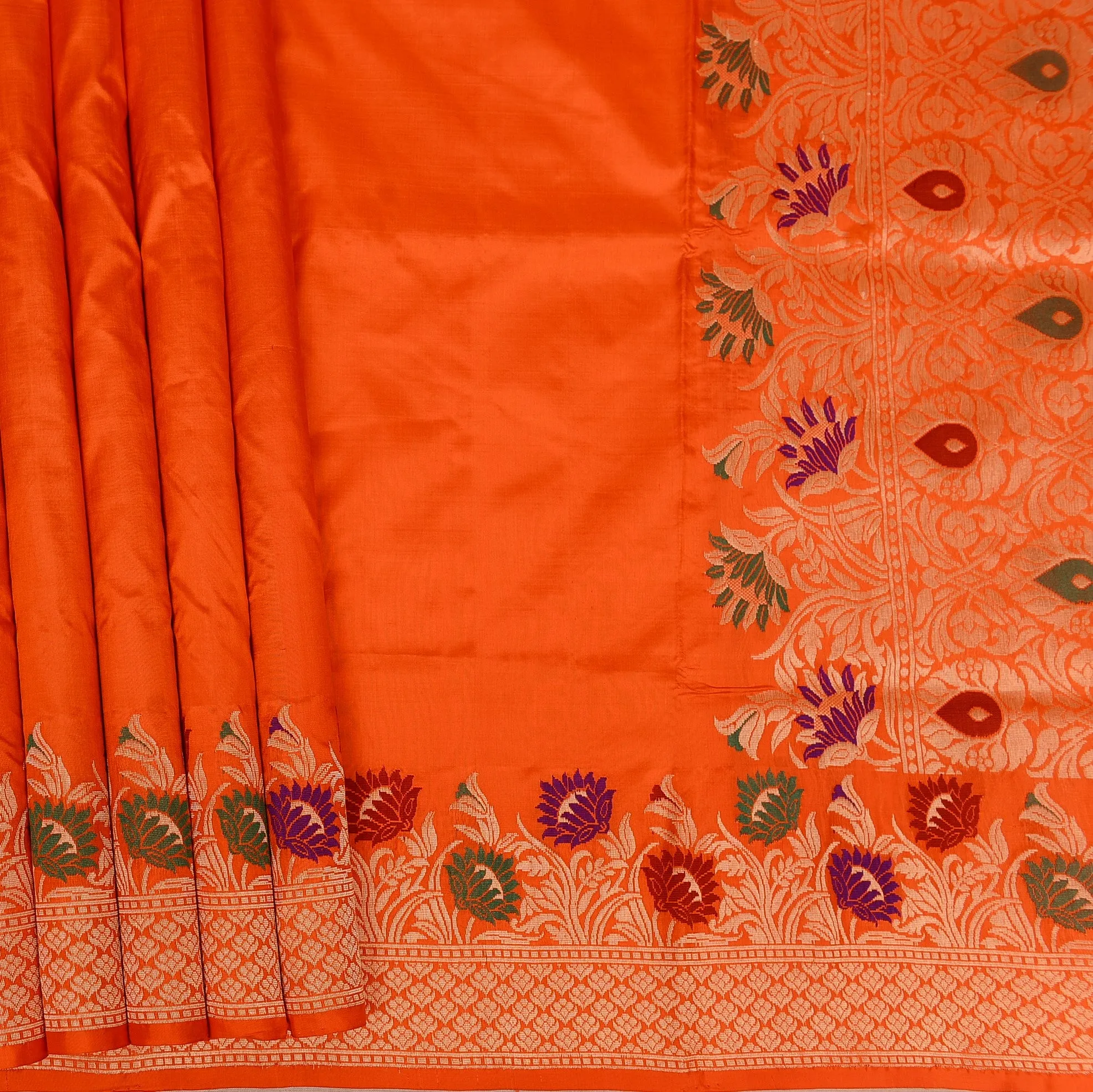 Handwoven Orange Banarasi Silk Saree - 384N007415DSJ