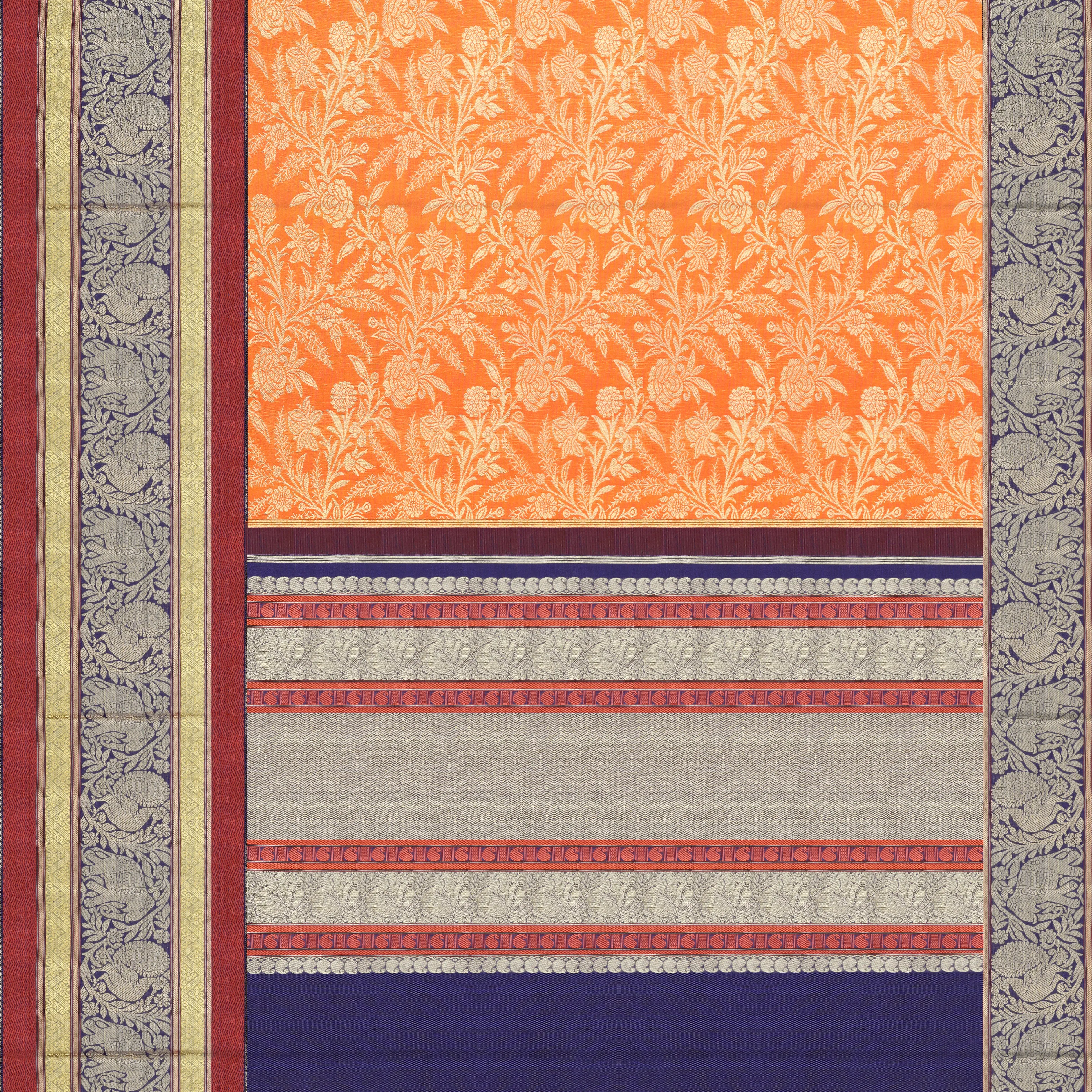 Handwoven Orange with Blue Kanjivaram Silk Saree - 1061T001335DSC