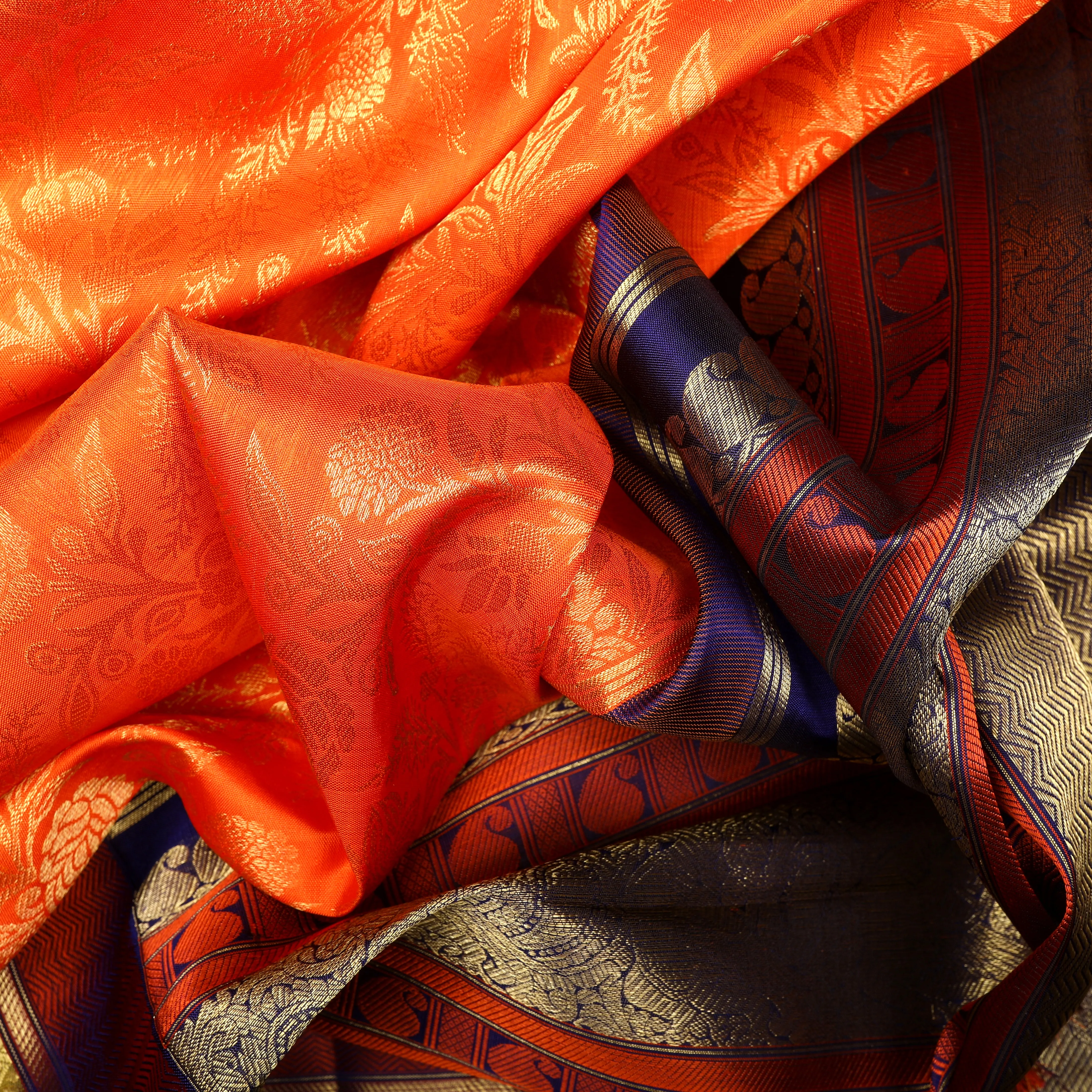 Handwoven Orange with Blue Kanjivaram Silk Saree - 1061T001335DSC