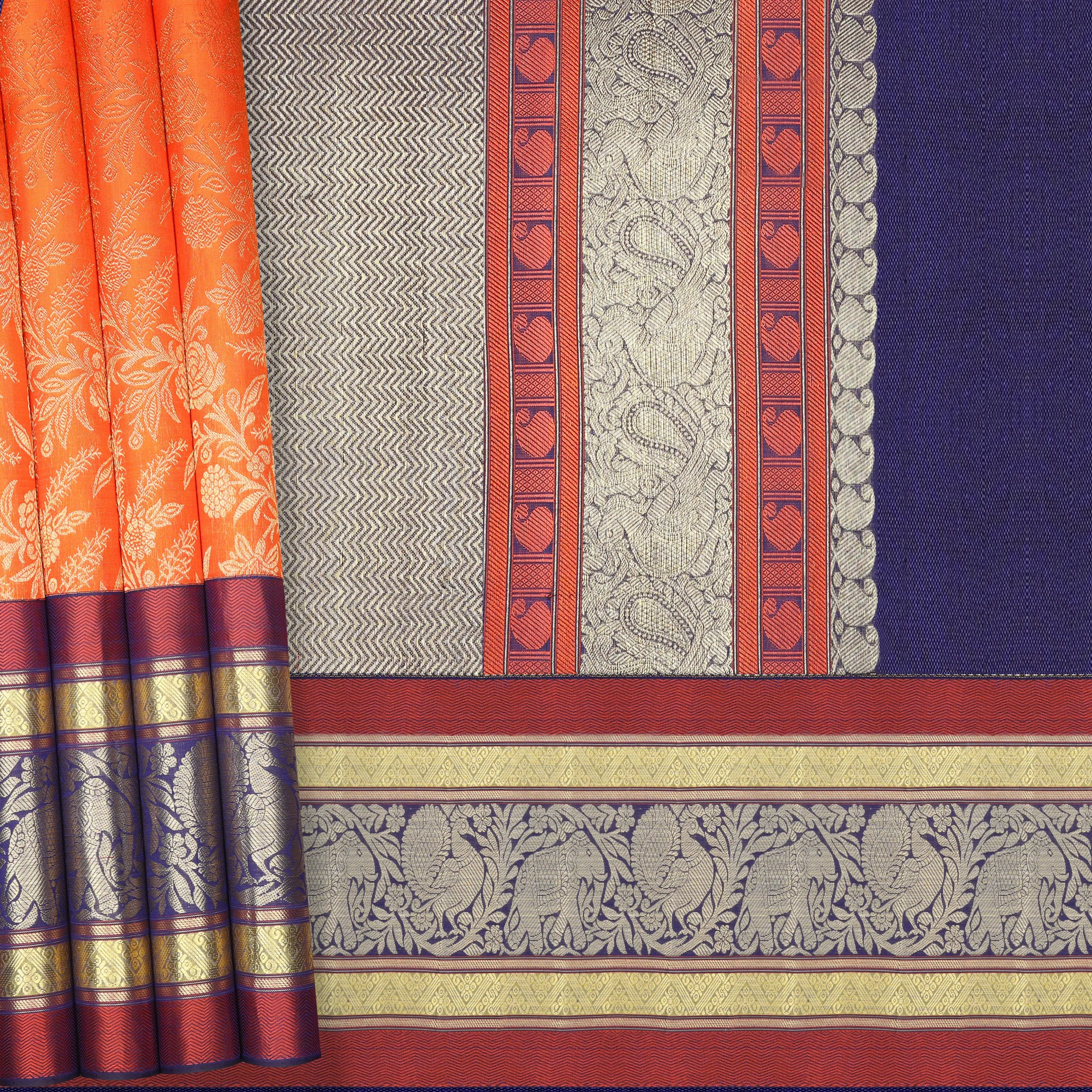 Handwoven Orange with Blue Kanjivaram Silk Saree - 1061T001335DSC